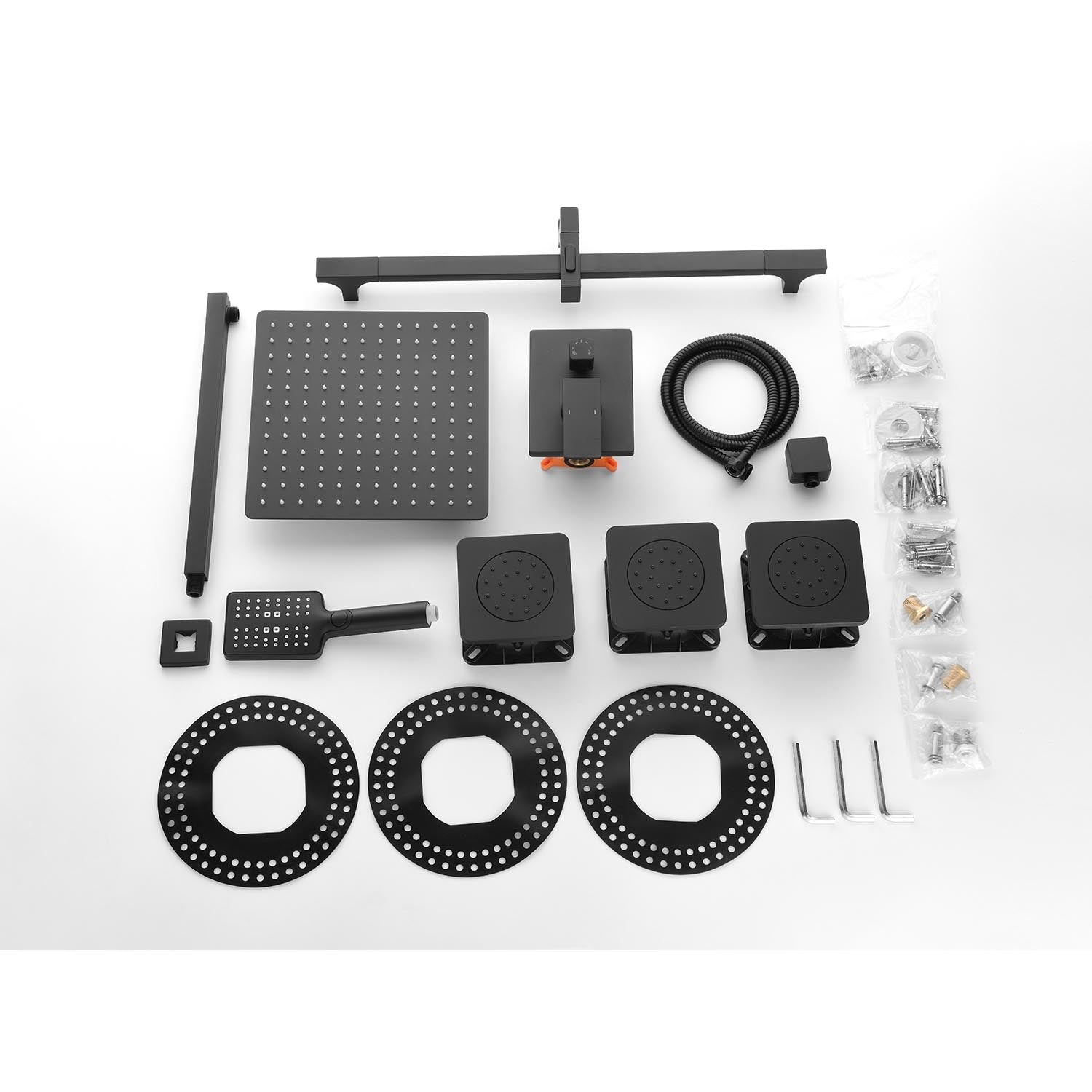 Shower System With Shower Head, Hand Shower, Slide Bar, Bodysprays, Shower Arm, Hose, Valve Trim, And Lever Handles Matte Black Wall Mounted Bathroom Brass