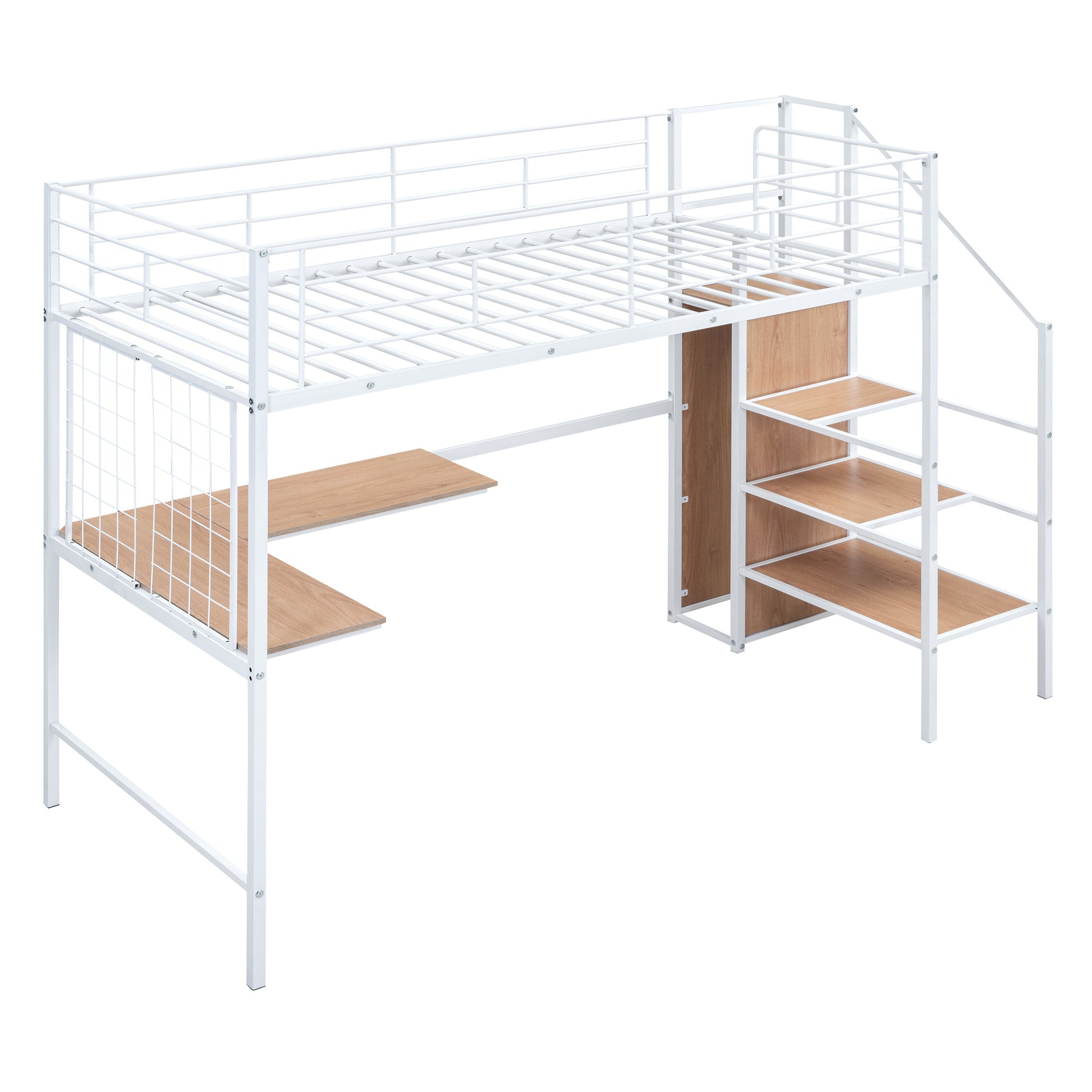 Twin Size Metal Loft Bed With Desk And Metal Grid, Stylish Metal Frame Bed With Lateral Storage Ladder And Wardrobe, White White Mdf Metal