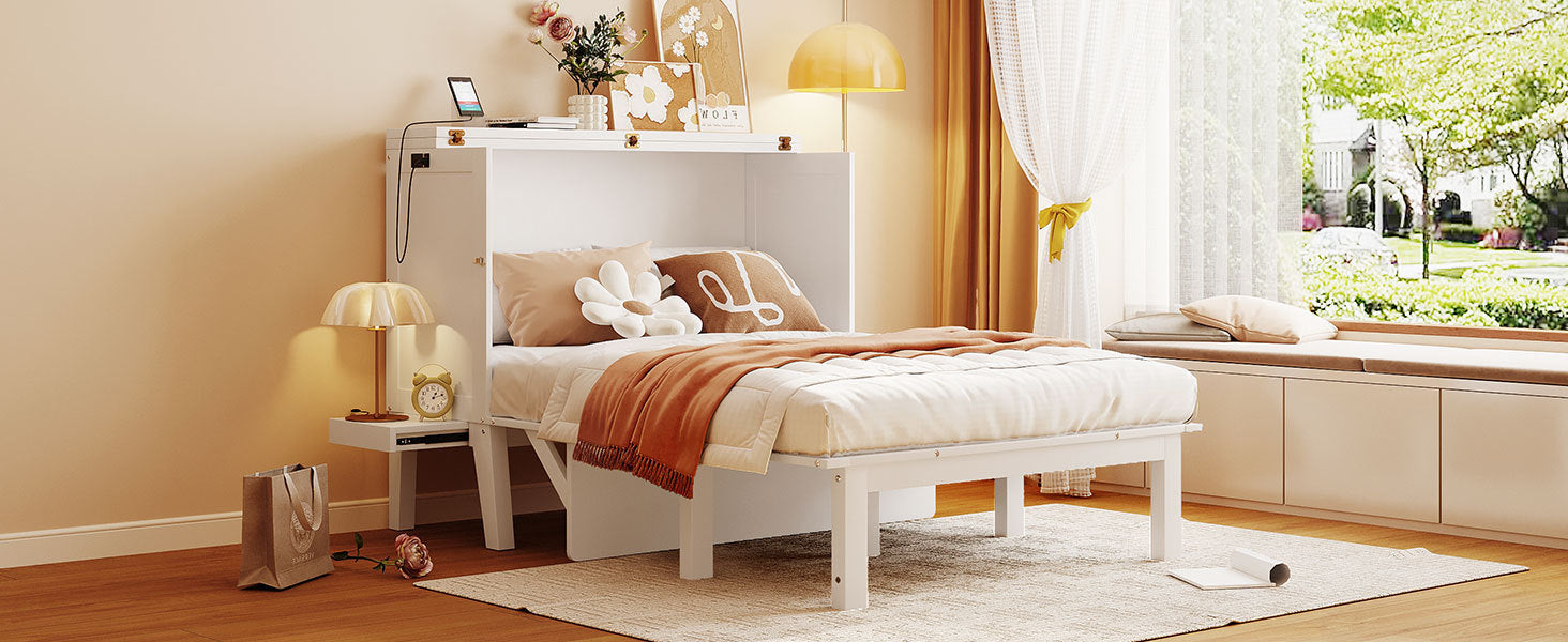 Full Size Murphy Bed With Usb Port And Removable Shelves On Each Side,White White Solid Wood Mdf