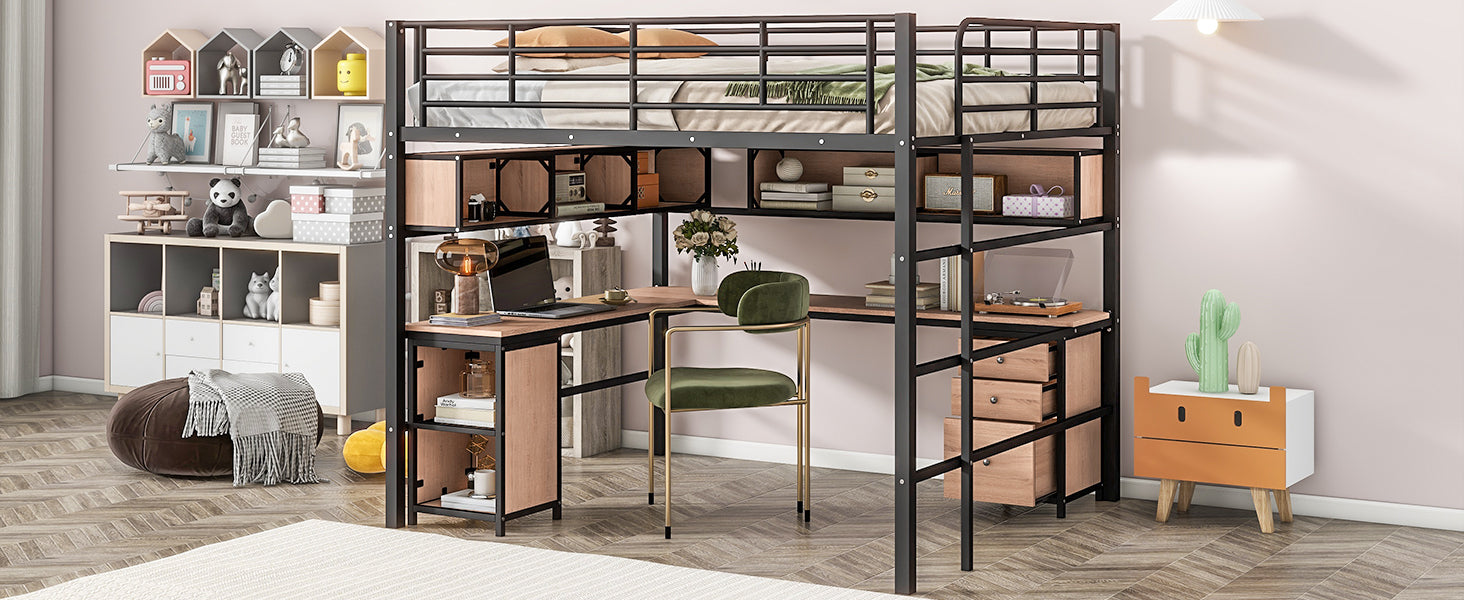 Metal Loft Bed With Bookcase, Desk And Cabinet, Full, Black Black Metal