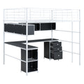 Metal Loft Bed With Bookcase, Desk And Cabinet, Full, White Black White Metal