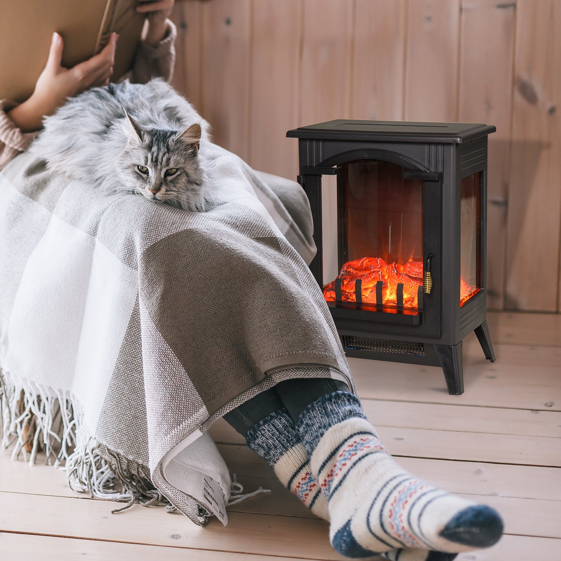 23" Electric Fireplace Heater, Fire Place Stove With Realistic Led Flames And Logs And Overheating Protection, 750W 1500W, Black Black Metal