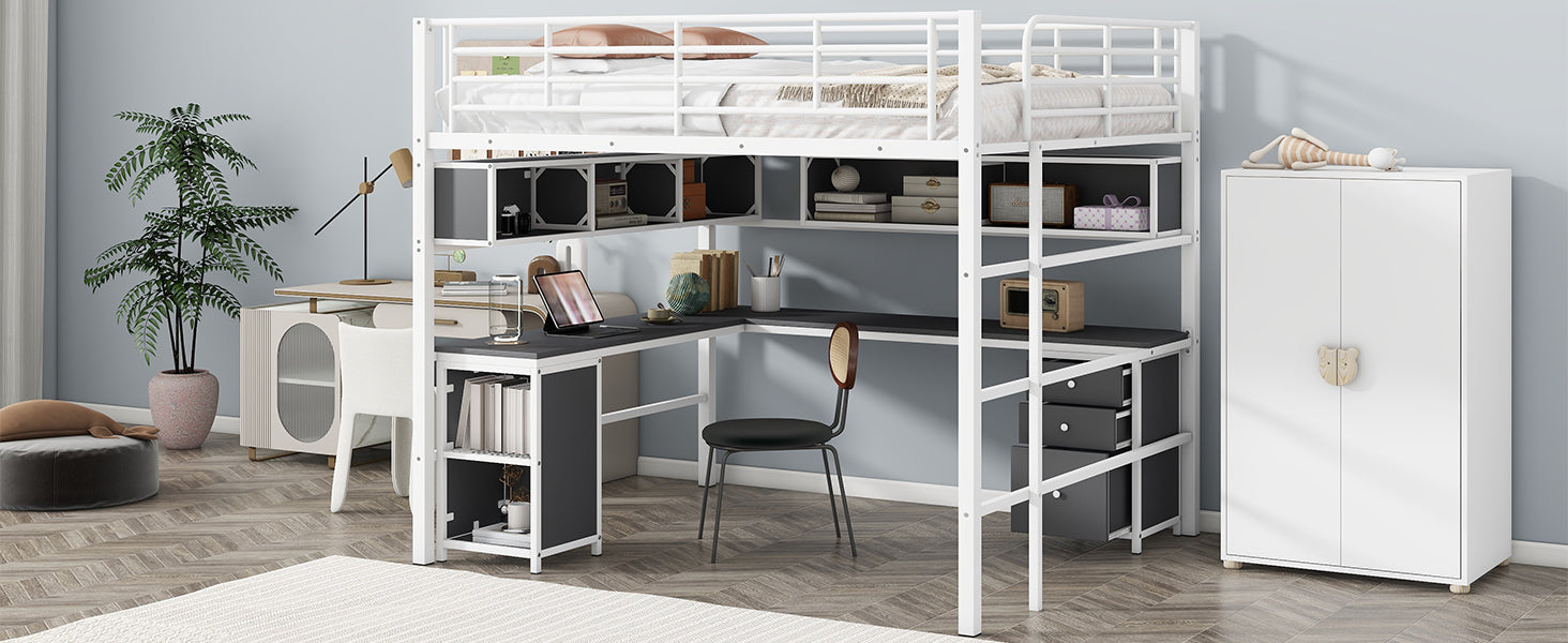 Metal Loft Bed With Bookcase, Desk And Cabinet, Full, White Black White Metal