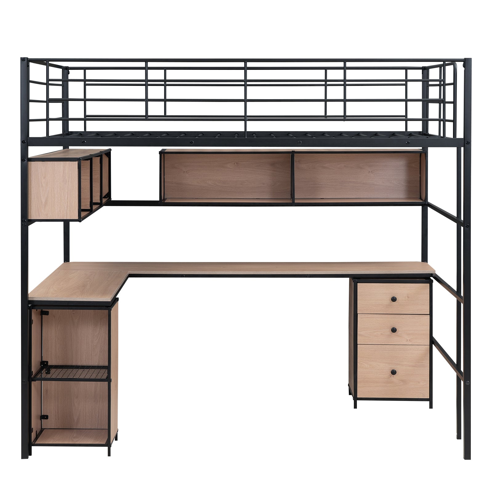Metal Loft Bed With Bookcase, Desk And Cabinet, Full, Black Black Metal