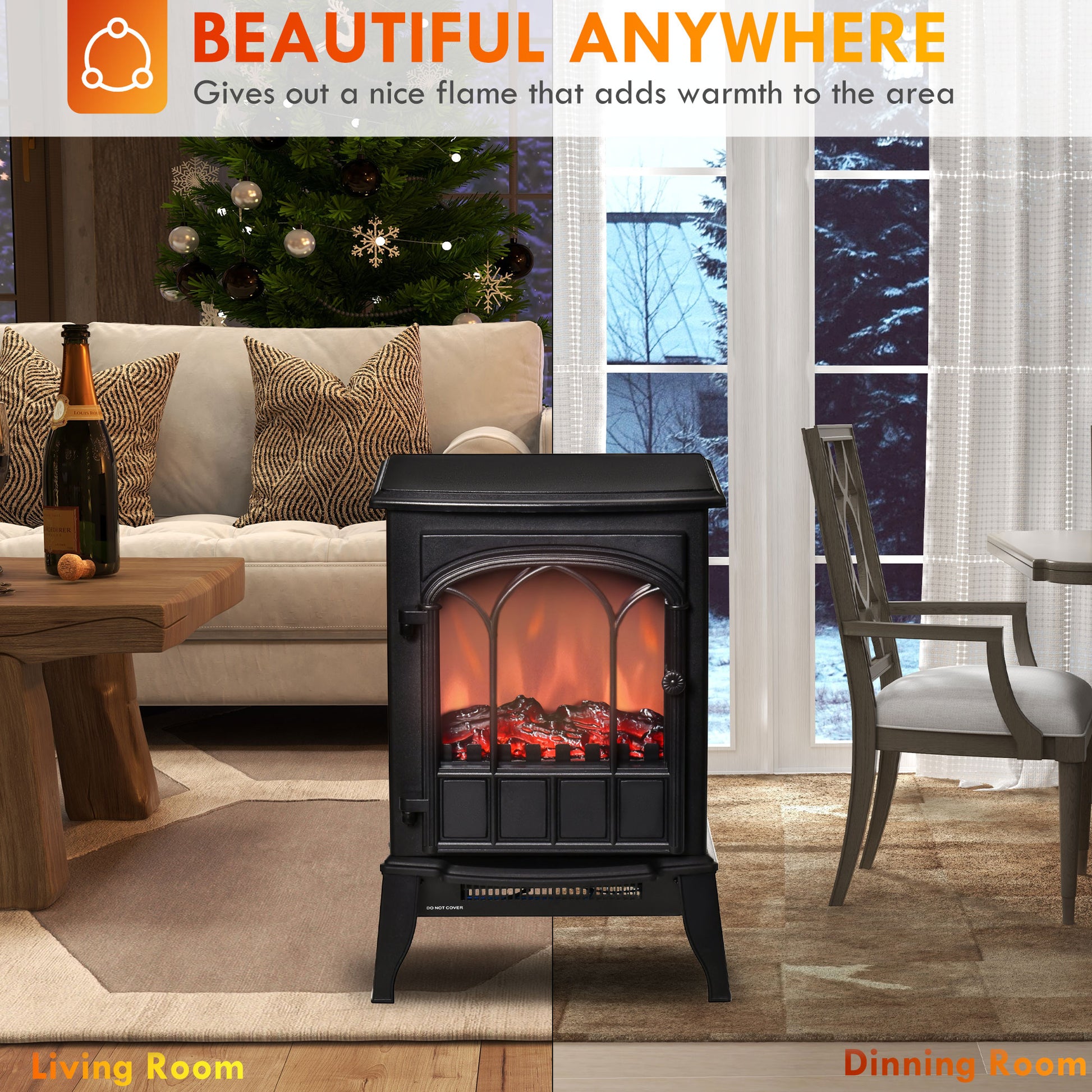 22" Electric Fireplace Stove, Freestanding Fire Place Heater With Realistic Logs And Led Flame, Adjustable Temperature, Overheat Protection, 750W 1500W, Black Black Steel