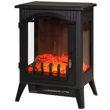 23" Electric Fireplace Heater, Fire Place Stove With Realistic Led Flames And Logs And Overheating Protection, 750W 1500W, Black Black Metal