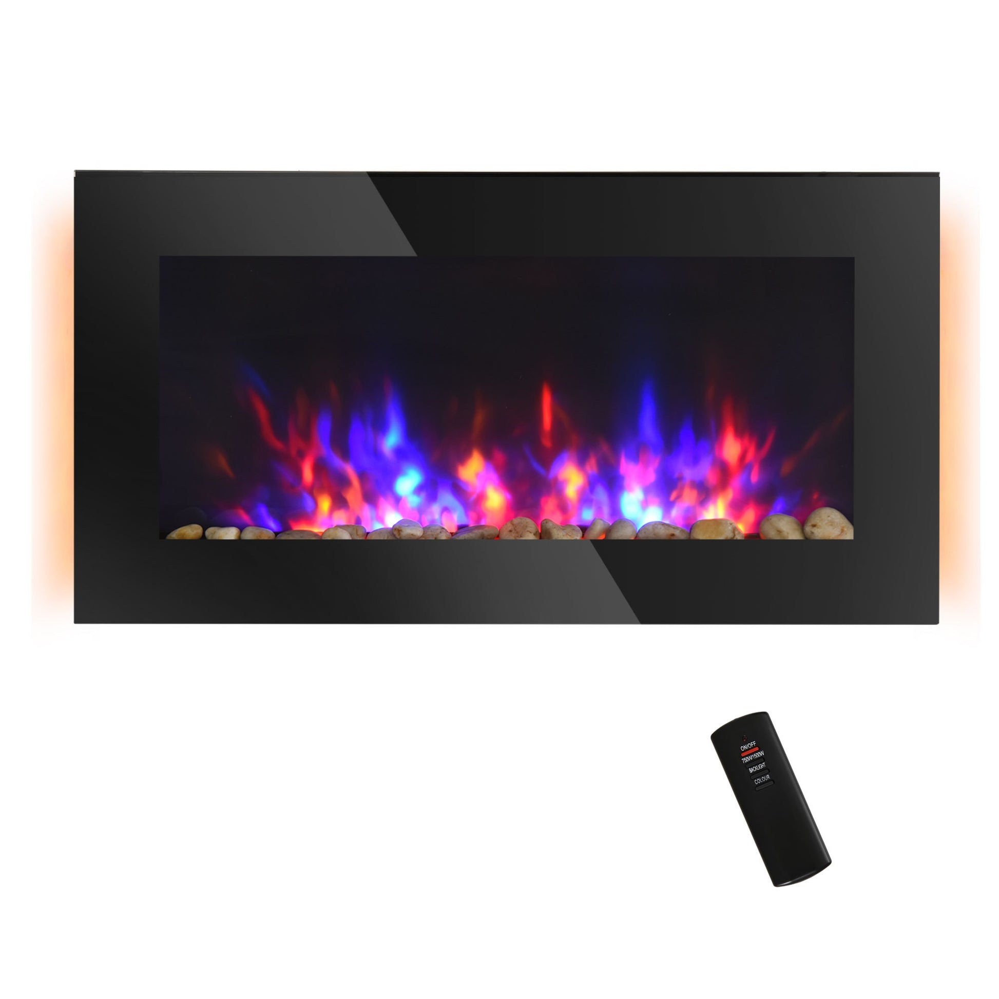 36" 1500W Electric Wall Mounted Fireplace With Flame Effect, 7 Color Background Light And Side Light, Black Black Metal