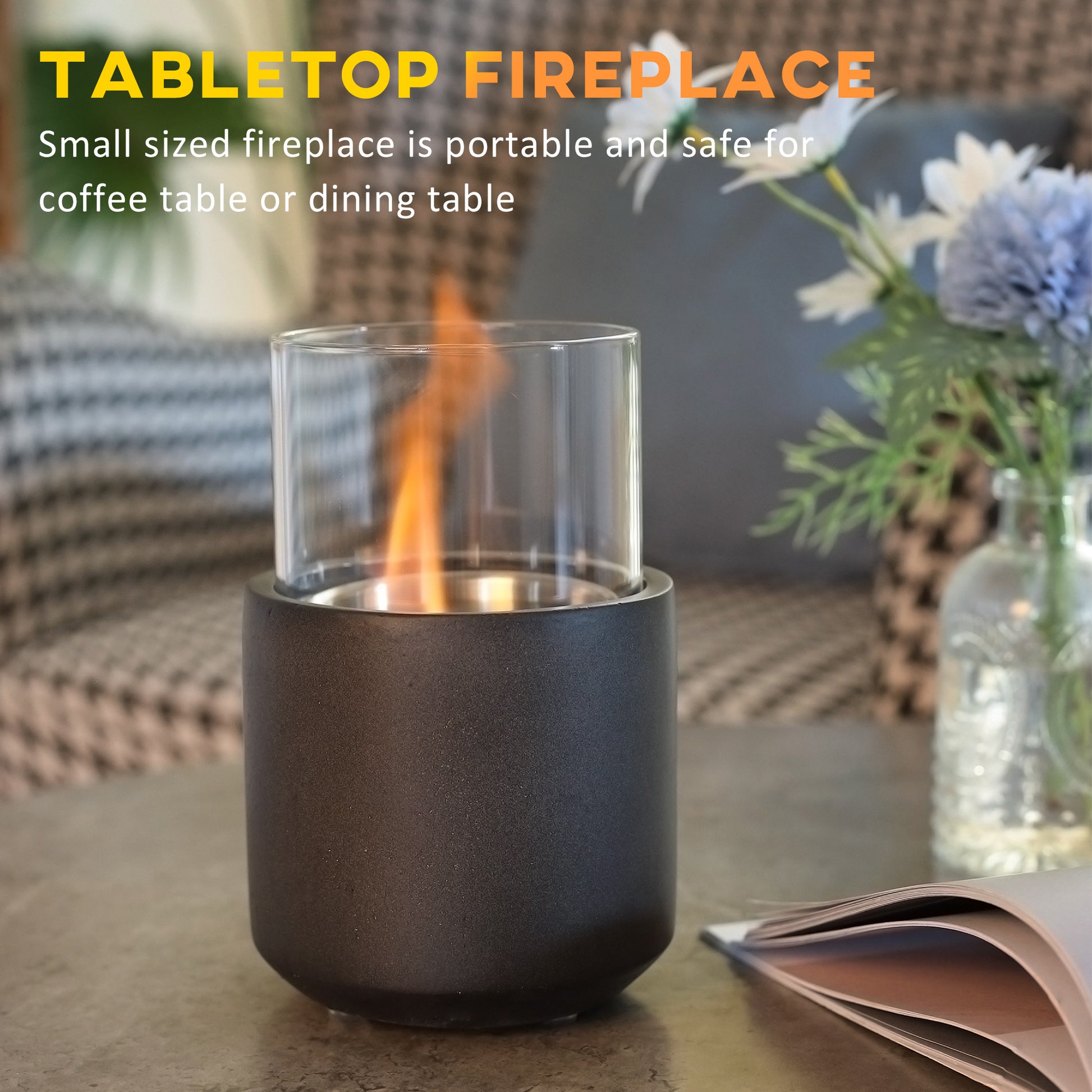 Tabletop Fireplace, Mini Concrete Ethanol Fire Bowl With Lid, Burns Up With Liquid Alcohol And Solid Tablet Alcohol, Dark Grey Dark Grey Stainless Steel