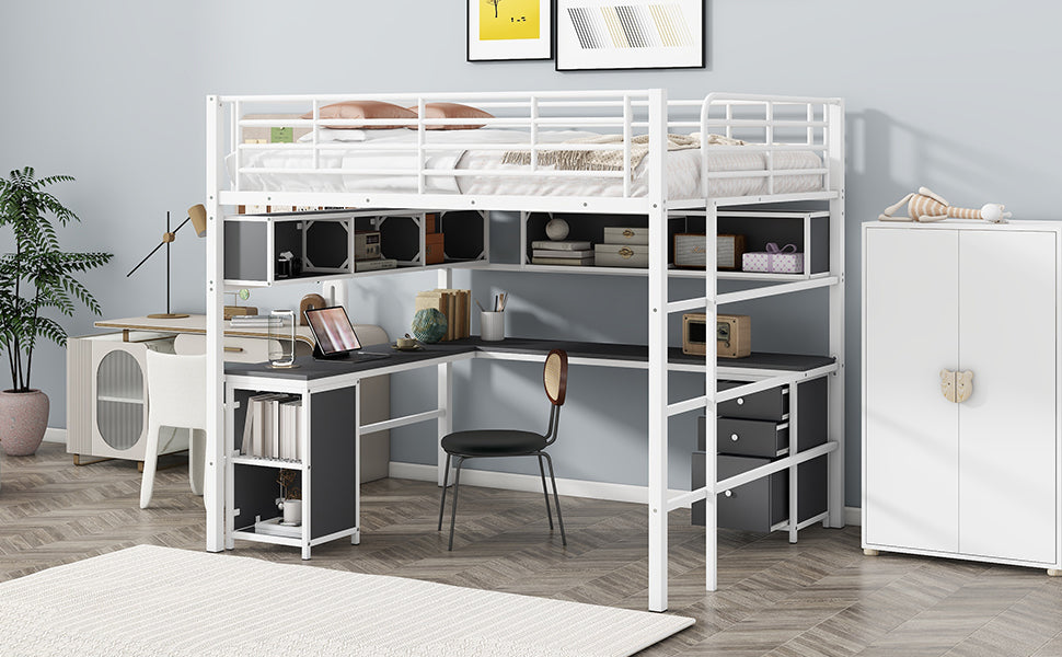 Metal Loft Bed With Bookcase, Desk And Cabinet, Full, White Black White Metal