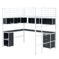Metal Loft Bed With Bookcase, Desk And Cabinet, Full, White Black White Metal