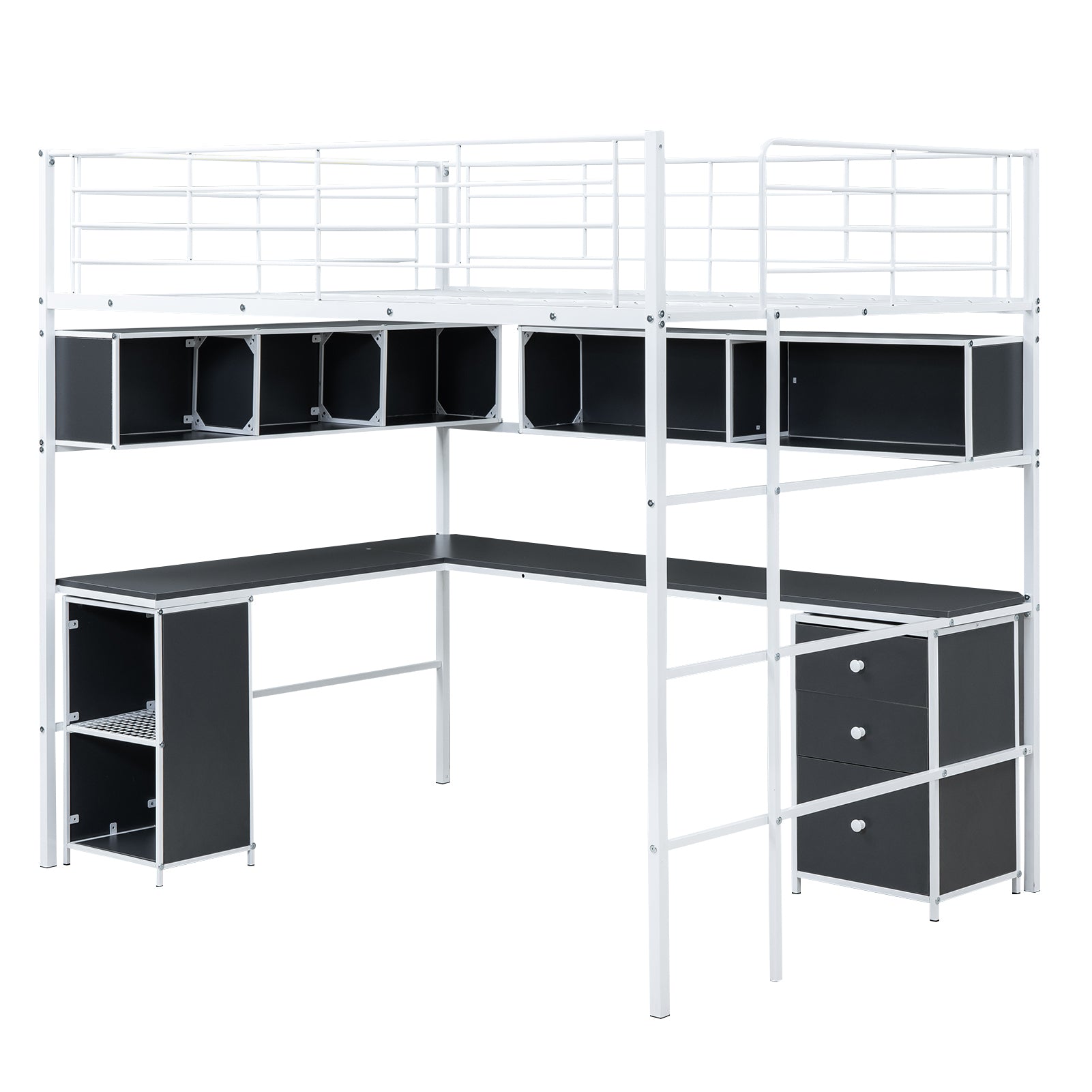 Metal Loft Bed With Bookcase, Desk And Cabinet, Full, White Black White Metal