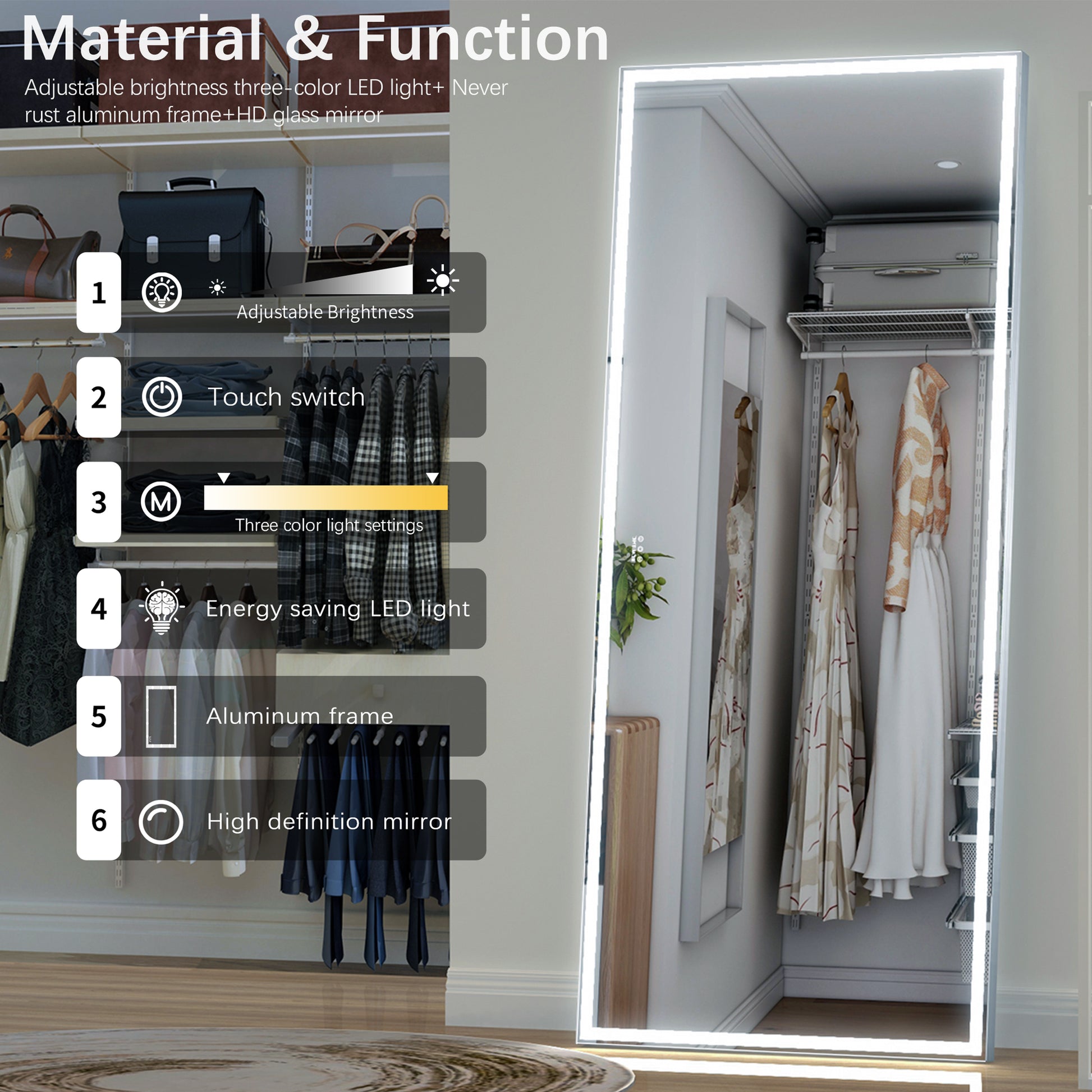 Extra Large Led Bathroom Mirror With 3 Color Aluminum Framed Wall Mirror Full Body Mirror With Lights, Vertical Horizontal Hanging Aluminum Framed Mirror For Bedroom Living Room, Silver, 84X36 Inches Silver Aluminium