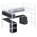 Metal Loft Bed With Bookcase, Desk And Cabinet, Full, White Black White Metal