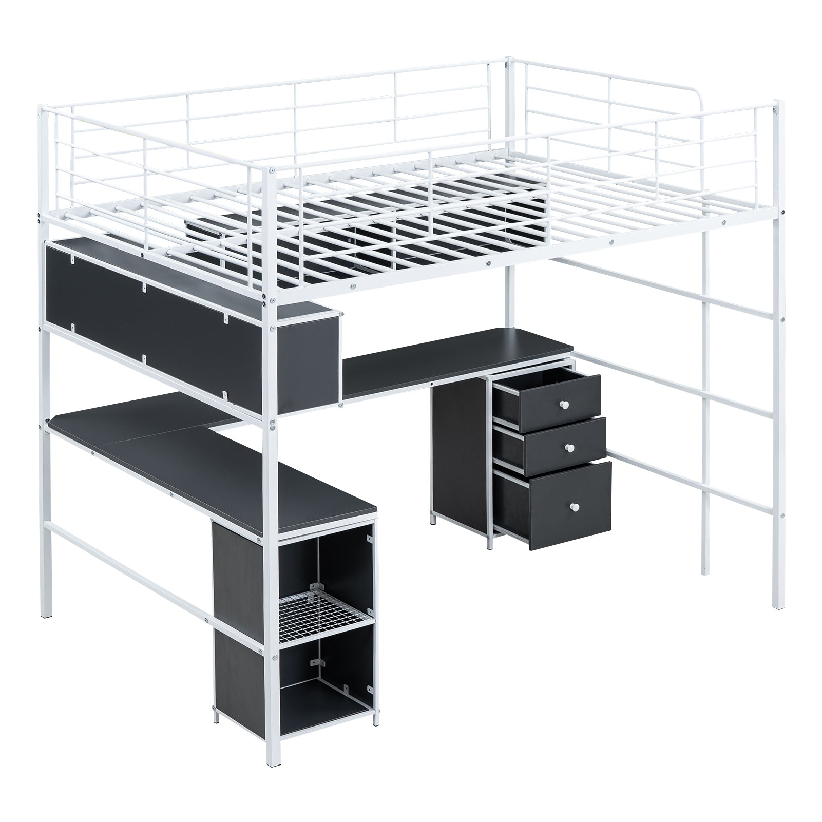Metal Loft Bed With Bookcase, Desk And Cabinet, Full, White Black White Metal
