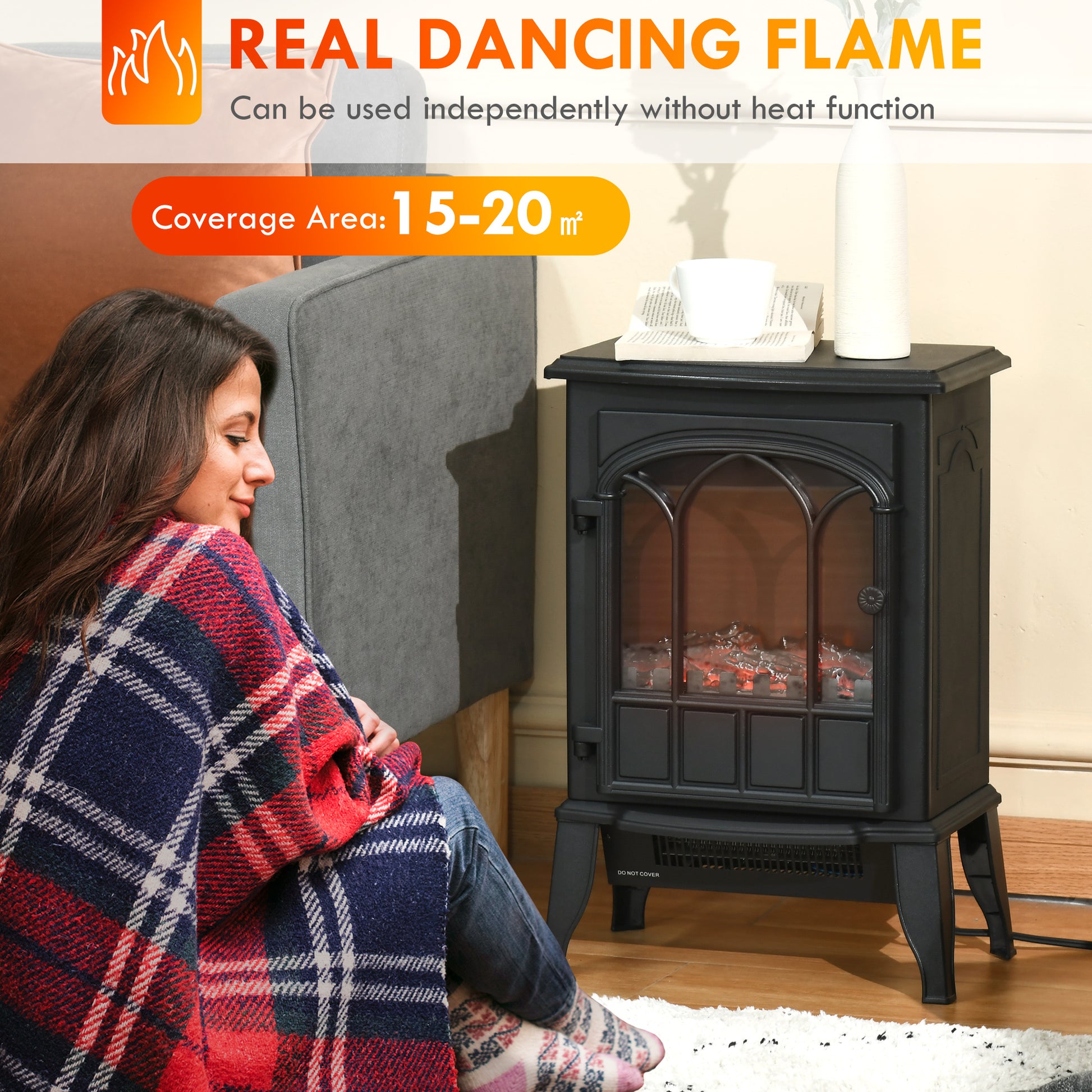 22" Electric Fireplace Stove, Freestanding Fire Place Heater With Realistic Logs And Led Flame, Adjustable Temperature, Overheat Protection, 750W 1500W, Black Black Steel