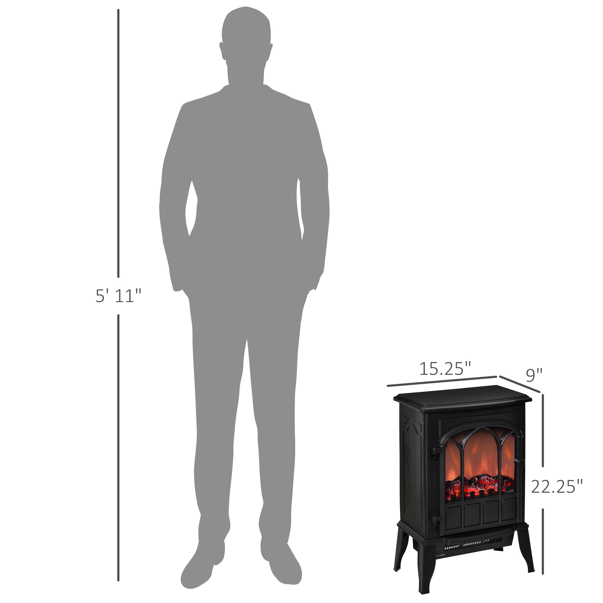 22" Electric Fireplace Stove, Freestanding Fire Place Heater With Realistic Logs And Led Flame, Adjustable Temperature, Overheat Protection, 750W 1500W, Black Black Steel