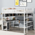 Metal Loft Bed With Bookcase, Desk And Cabinet, Full, White Black White Metal