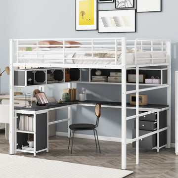 Metal Loft Bed With Bookcase, Desk And Cabinet, Full, White Black White Metal