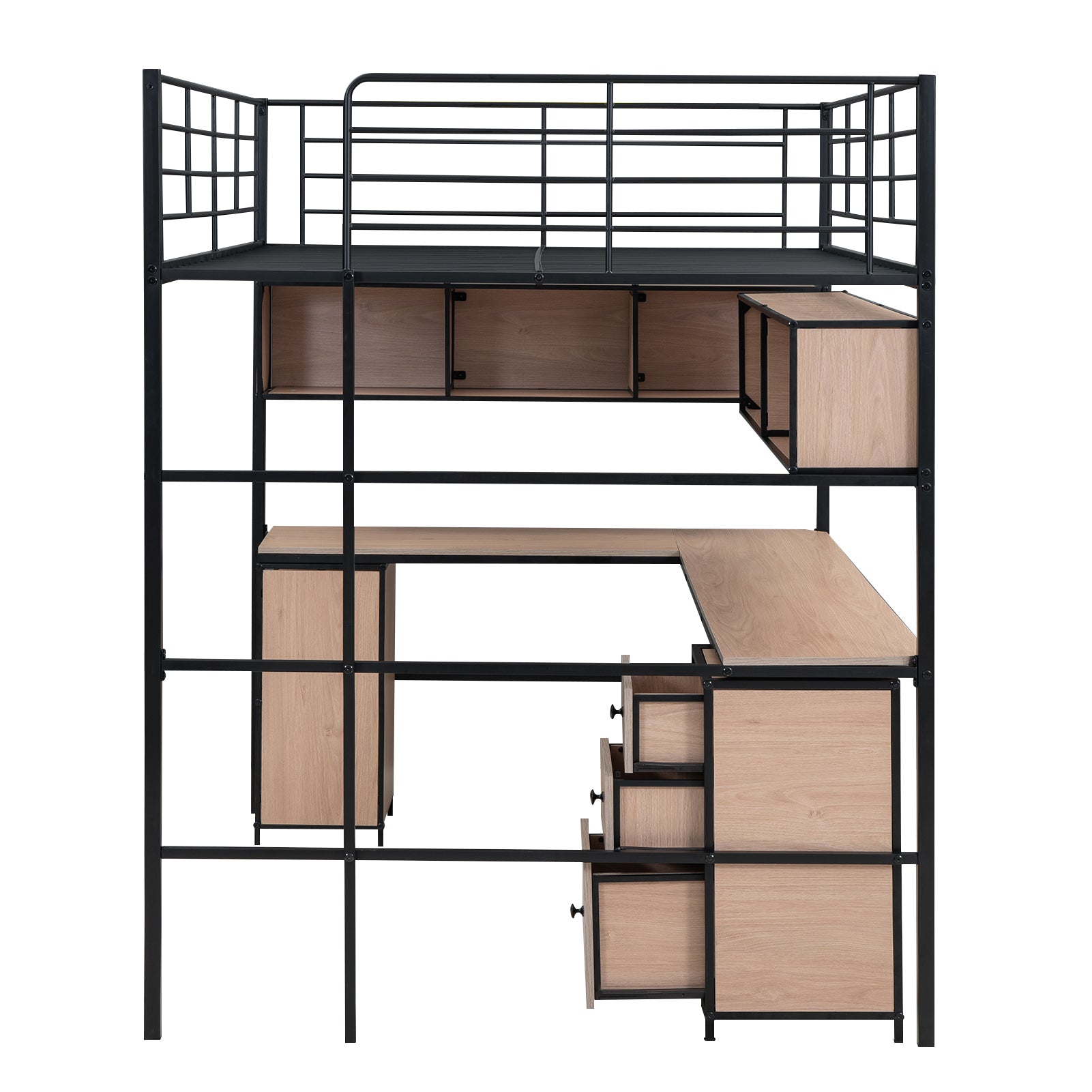 Metal Loft Bed With Bookcase, Desk And Cabinet, Full, Black Black Metal