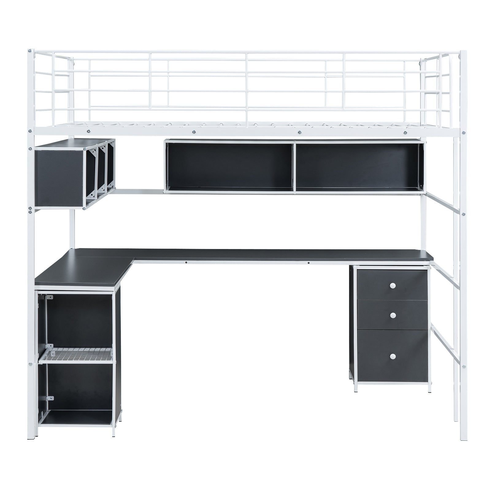 Metal Loft Bed With Bookcase, Desk And Cabinet, Full, White Black White Metal