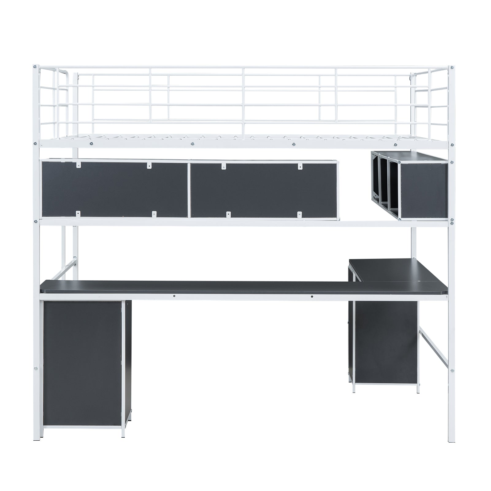 Metal Loft Bed With Bookcase, Desk And Cabinet, Full, White Black White Metal