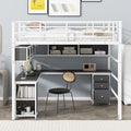 Metal Loft Bed With Bookcase, Desk And Cabinet, Full, White Black White Metal