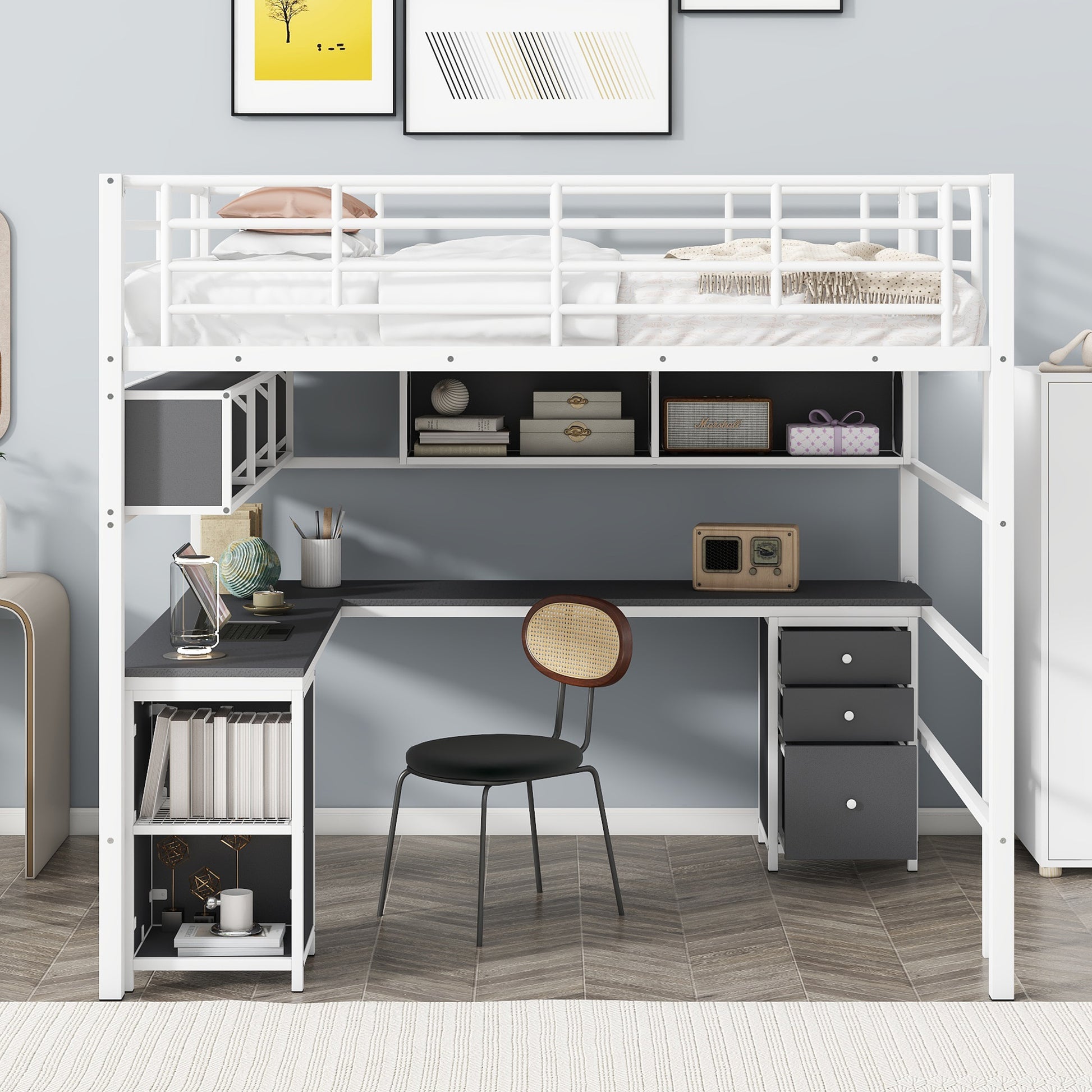 Metal Loft Bed With Bookcase, Desk And Cabinet, Full, White Black White Metal