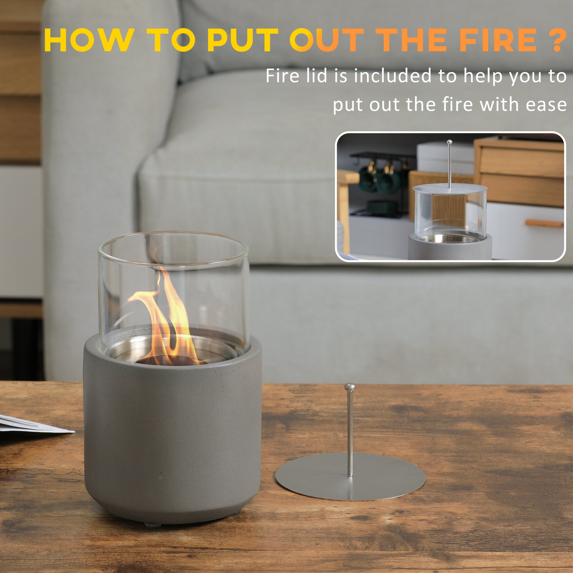 Tabletop Fireplace, Mini Concrete Ethanol Fire Bowl With Lid, Burns Up With Liquid Alcohol And Solid Tablet Alcohol, Light Grey Light Grey Stainless Steel