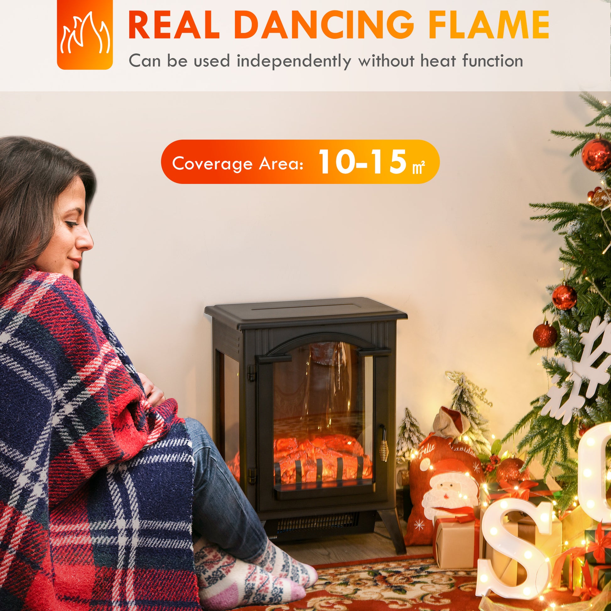 23" Electric Fireplace Heater, Fire Place Stove With Realistic Led Flames And Logs And Overheating Protection, 750W 1500W, Black Black Metal