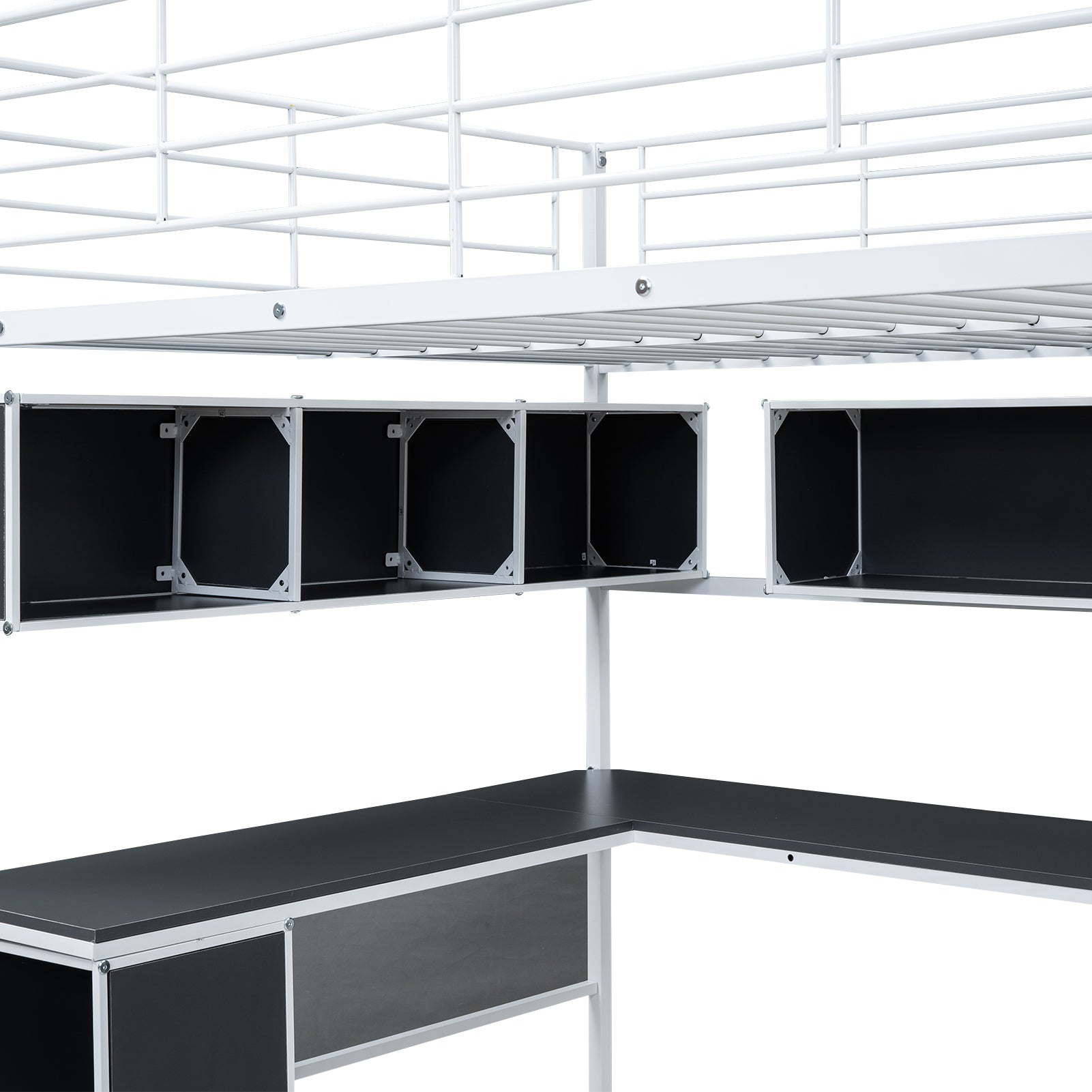 Metal Loft Bed With Bookcase, Desk And Cabinet, Full, White Black White Metal
