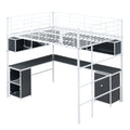 Metal Loft Bed With Bookcase, Desk And Cabinet, Full, White Black White Metal