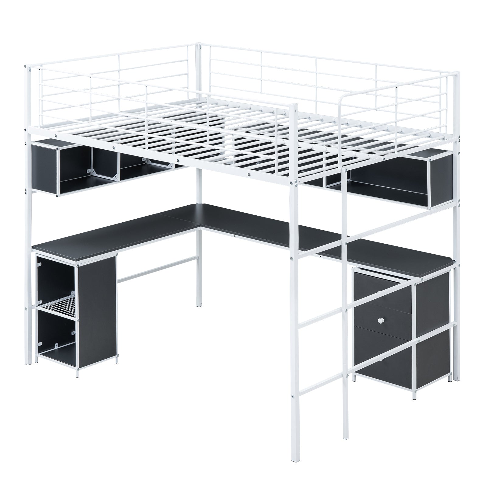Metal Loft Bed With Bookcase, Desk And Cabinet, Full, White Black White Metal