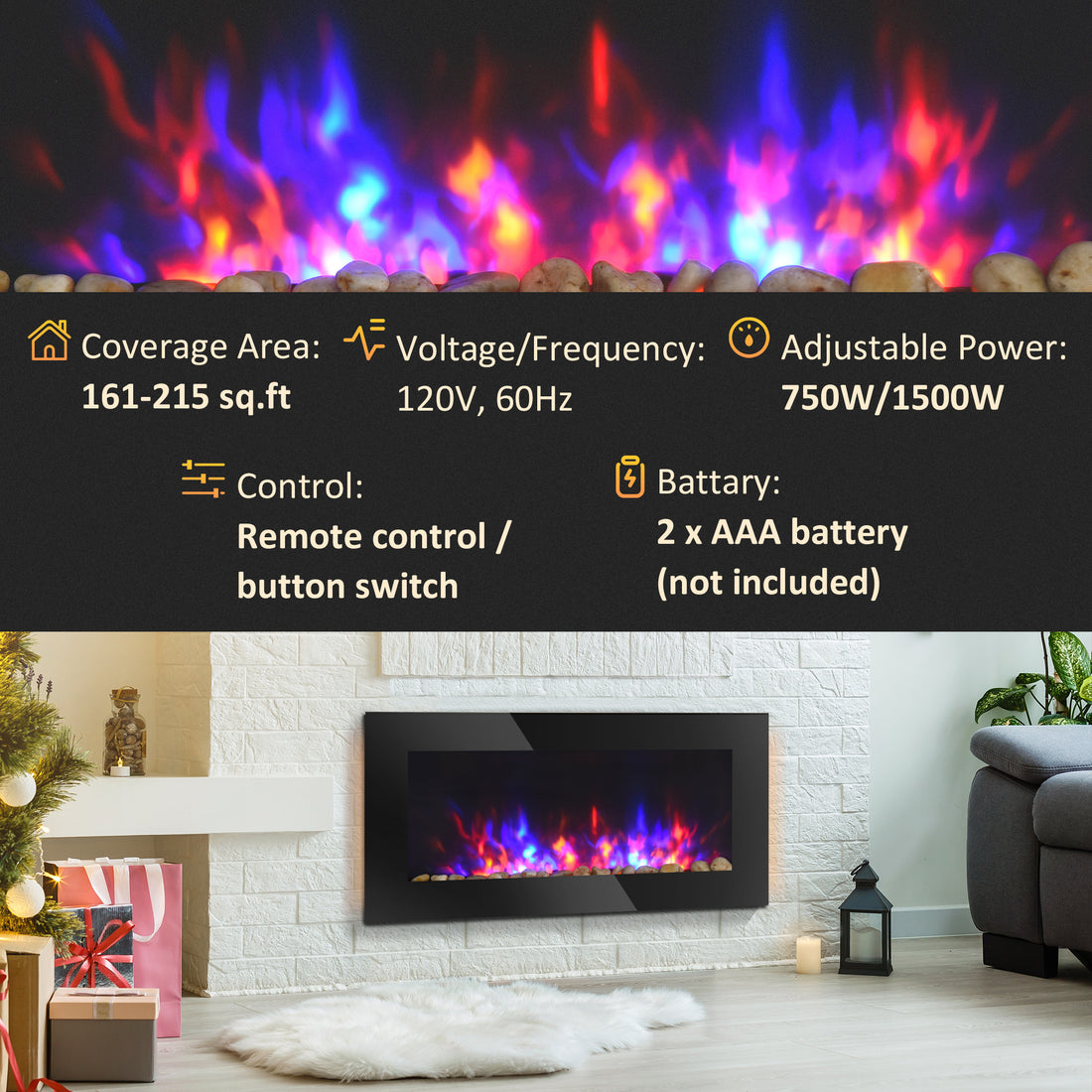 36" 1500W Electric Wall Mounted Fireplace With Flame Effect, 7 Color Background Light And Side Light, Black Black Metal