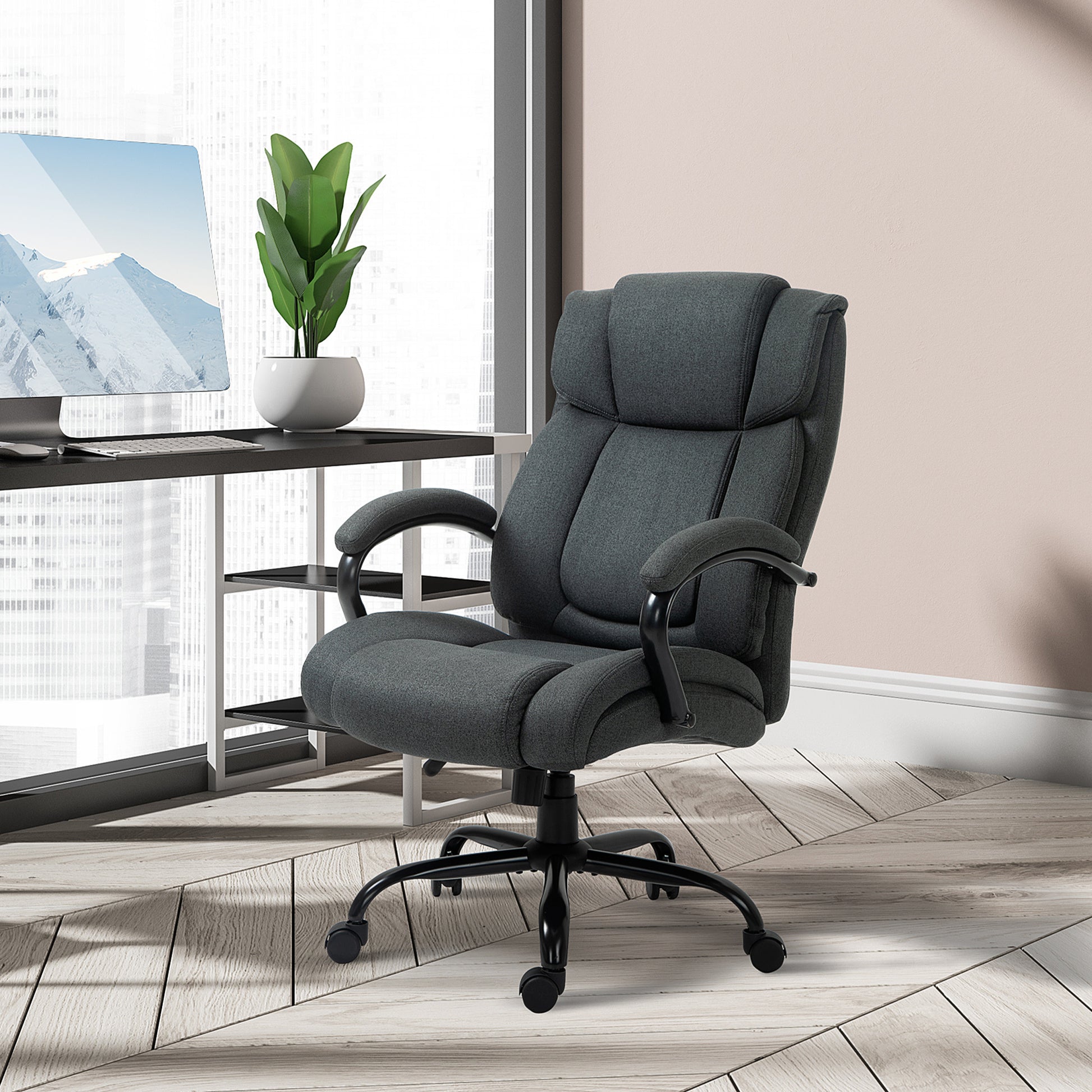 High Back Big And Tall Executive Office Chair 484Lbs With Wide Seat, Computer Desk Chair With Linen Fabric, Adjustable Height, Swivel Wheels, Charcoal Grey Charcoal Grey Polyester
