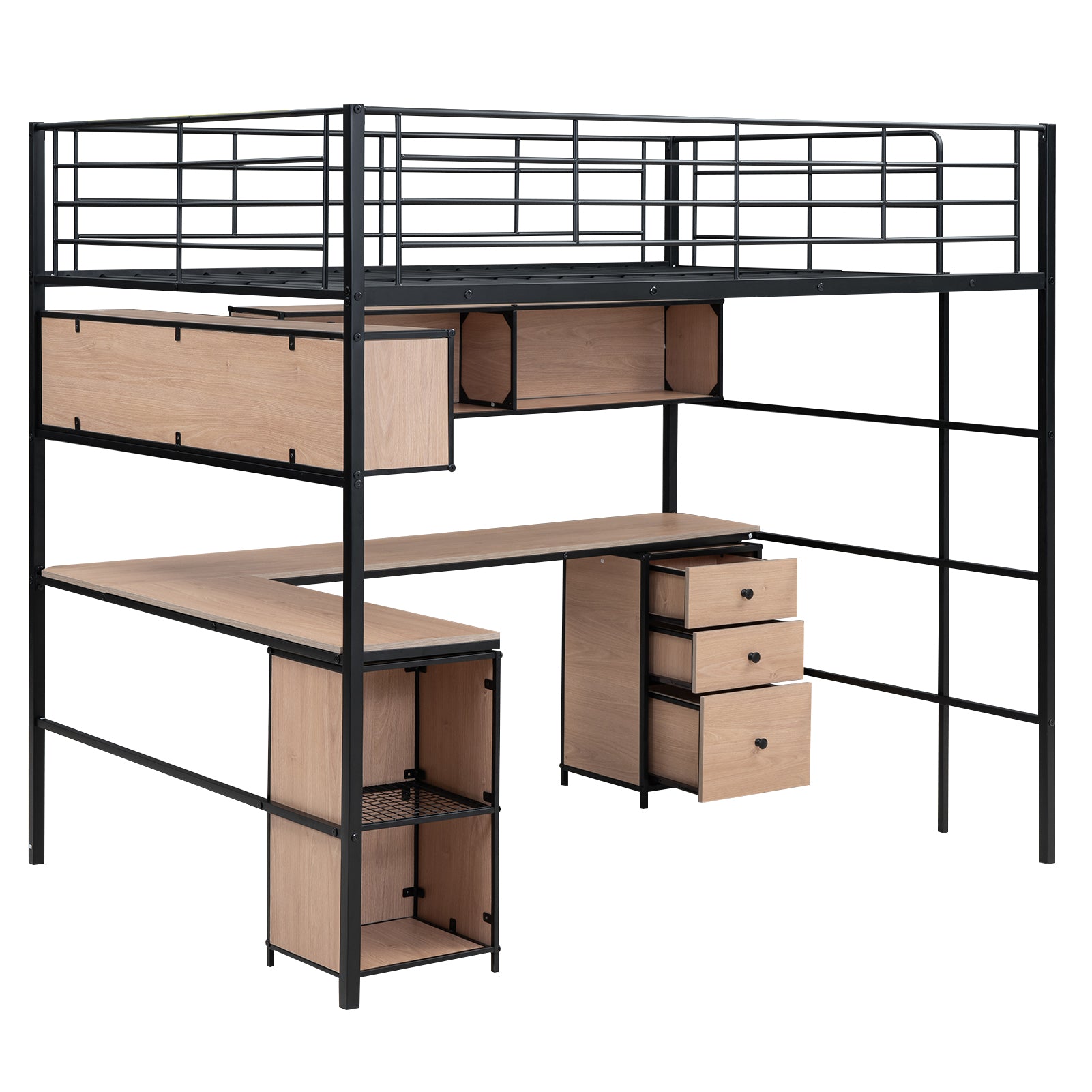Metal Loft Bed With Bookcase, Desk And Cabinet, Full, Black Black Metal