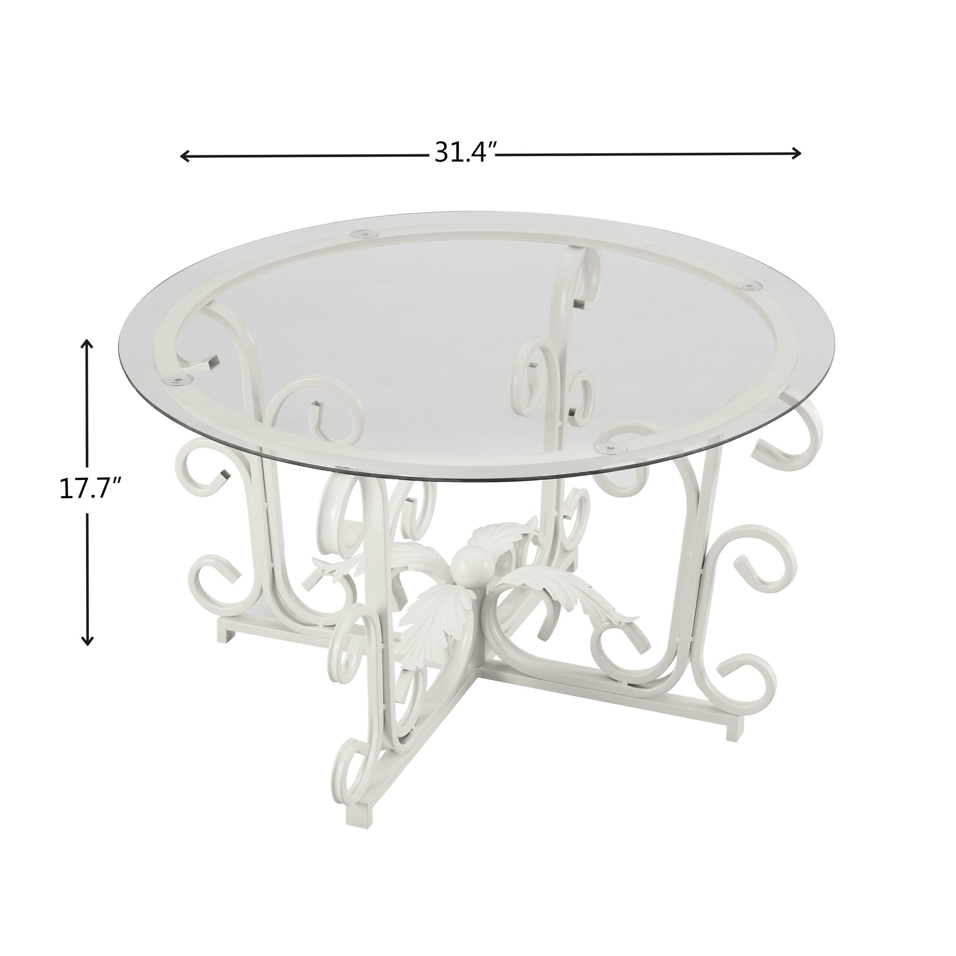 Glass Coffee Table With Sturdy Iron Leaf Shape Base, Leisure Cocktail Table With Tempered Glass Top For Living Room, Dining Room White White Glass Metal
