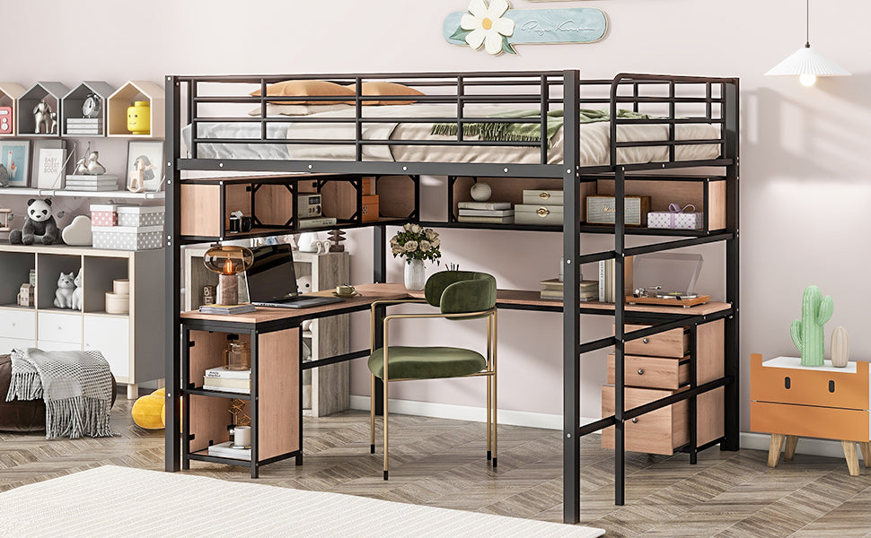 Metal Loft Bed With Bookcase, Desk And Cabinet, Full, Black Black Metal