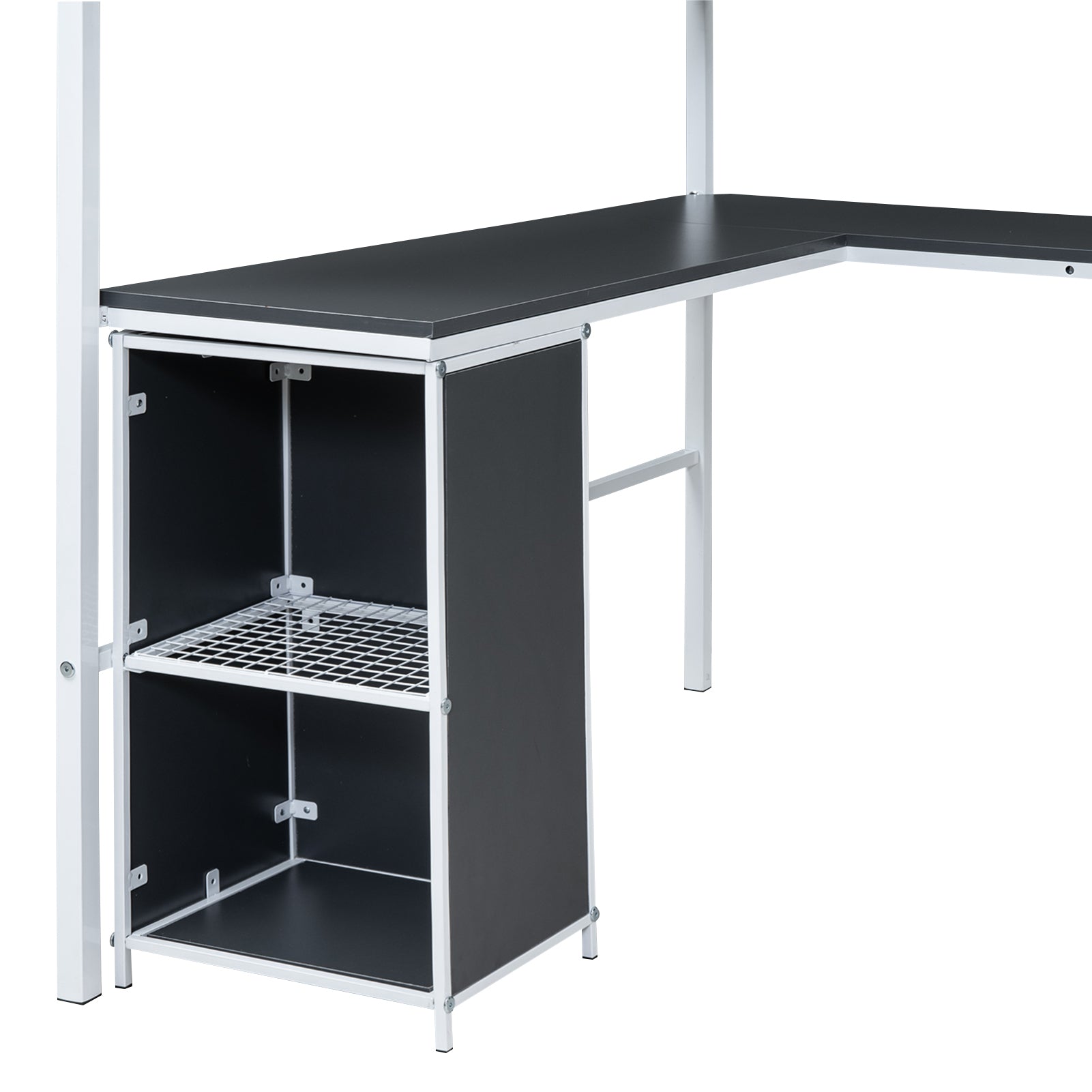 Metal Loft Bed With Bookcase, Desk And Cabinet, Full, White Black White Metal