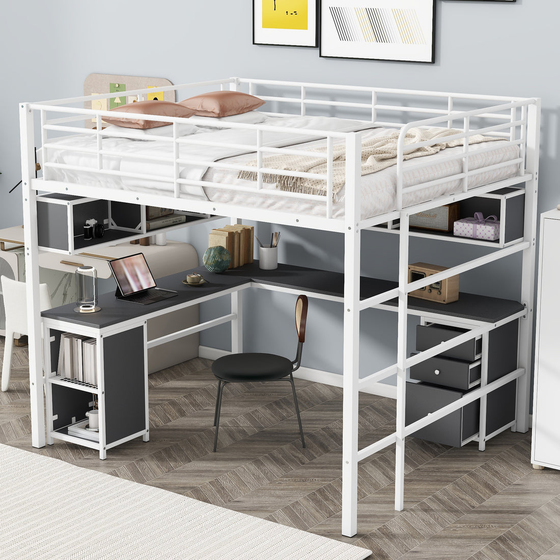 Metal Loft Bed With Bookcase, Desk And Cabinet, Full, White Black White Metal