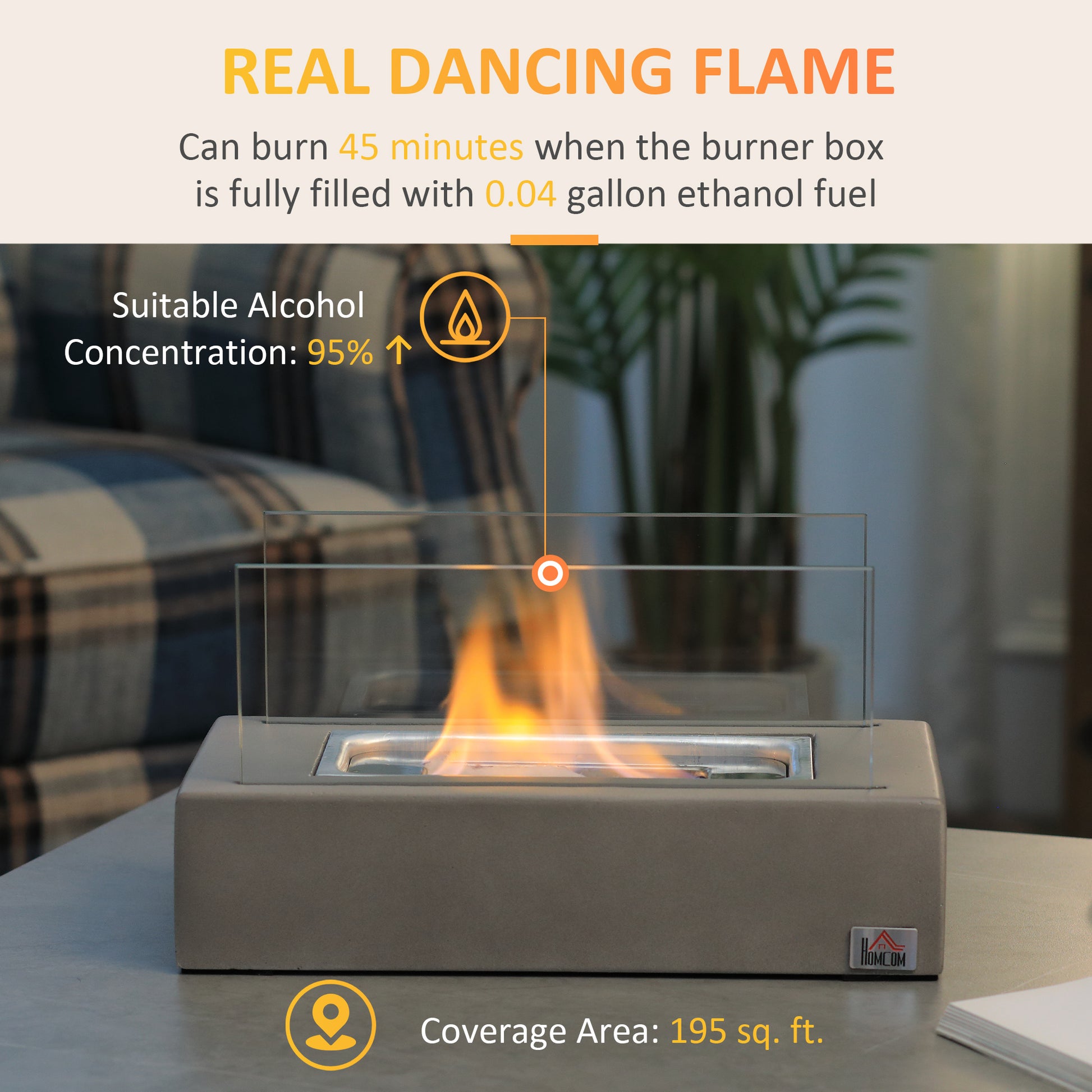 Tabletop Fireplace, 13" Concrete Alcohol Fireplace With Stainless Steel Lid For Indoor And Outdoor, 0.04 Gal Max 195 Sq. Ft., Light Grey Light Grey Concrete