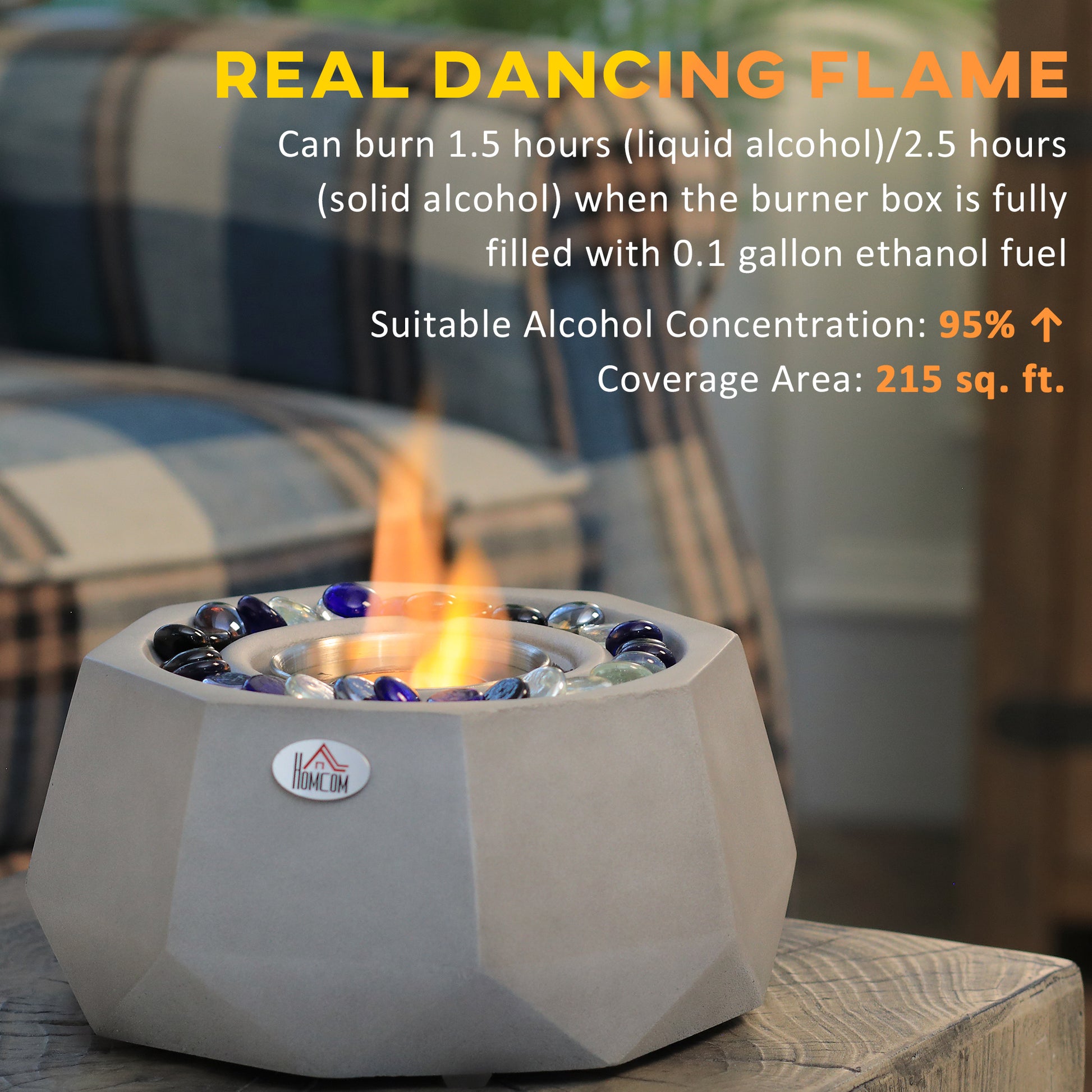 Concrete Tabletop Fireplace, 9" Portable Alcohol Fireplace With Lid For Indoor And Outdoor, 0.1 Gal Max 215 Sq. Ft., Burns Up With Liquid Alcohol And Solid Alcohol, Light Grey Light Grey Concrete