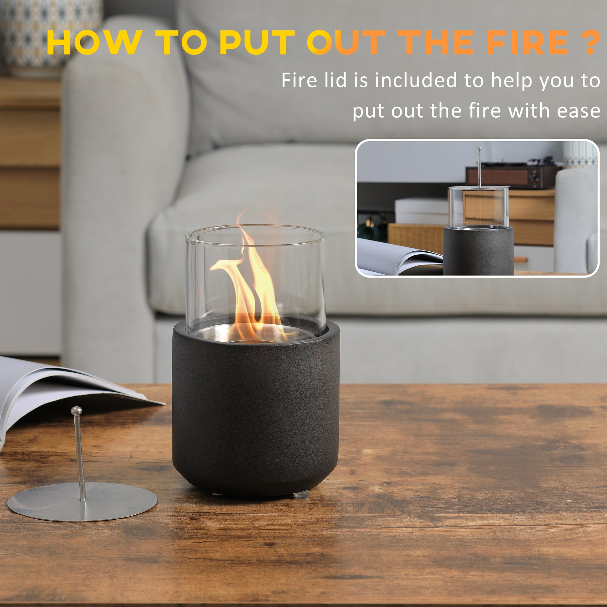 Tabletop Fireplace, Mini Concrete Ethanol Fire Bowl With Lid, Burns Up With Liquid Alcohol And Solid Tablet Alcohol, Dark Grey Dark Grey Stainless Steel