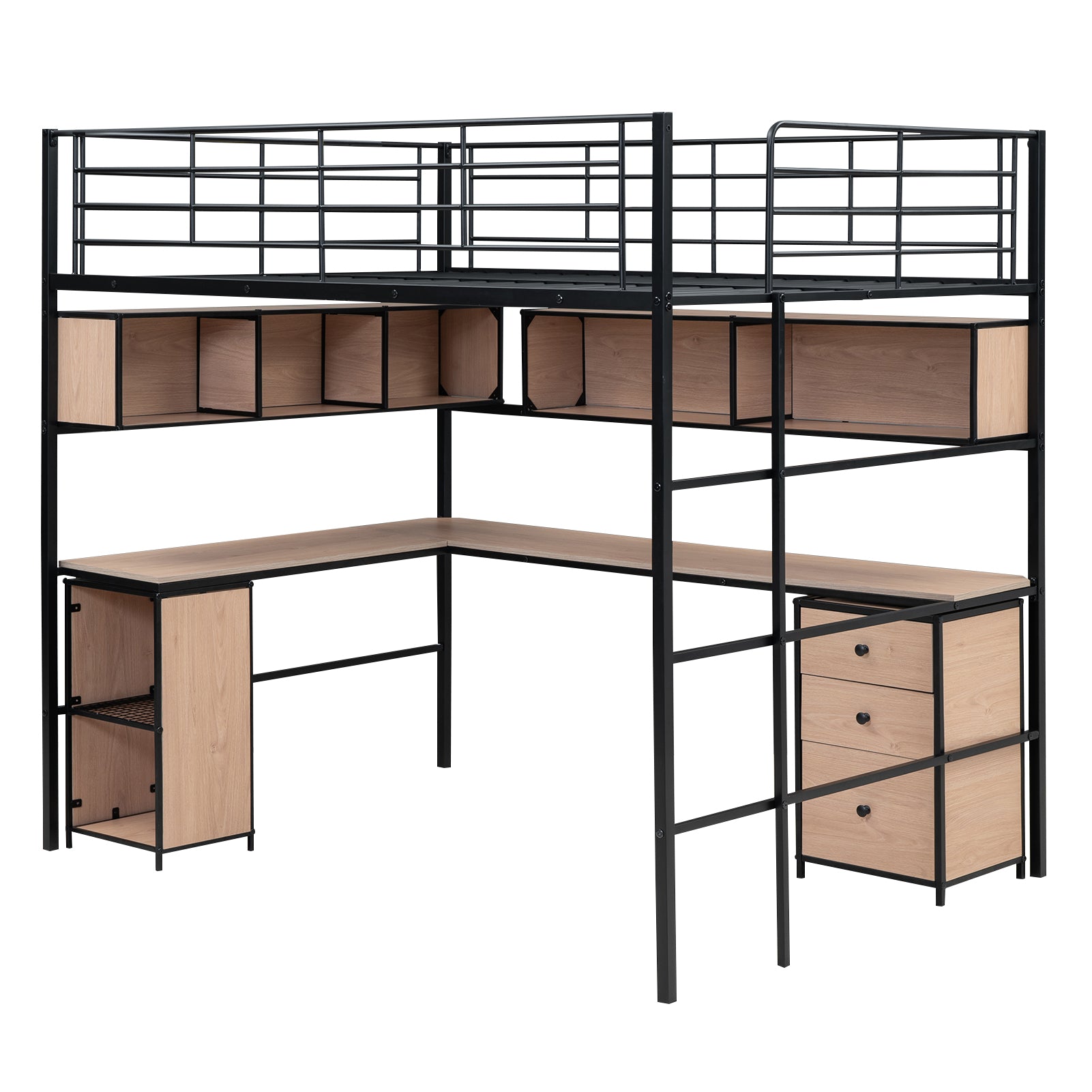 Metal Loft Bed With Bookcase, Desk And Cabinet, Full, Black Black Metal