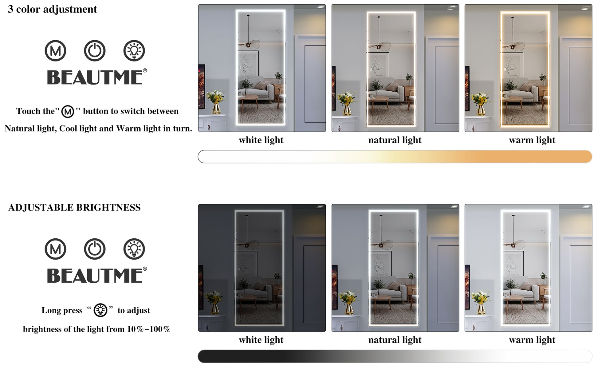 Extra Large Led Bathroom Mirror With 3 Color Aluminum Framed Wall Mirror Full Body Mirror With Lights, Vertical Horizontal Hanging Aluminum Framed Mirror For Bedroom Living Room, Silver, 84X36 Inches Silver Aluminium