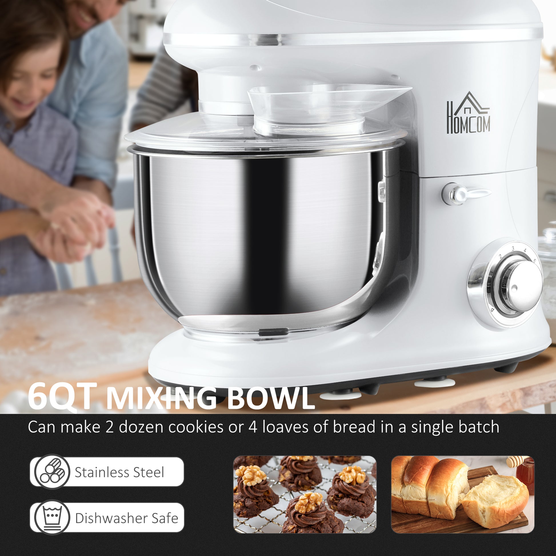 Stand Mixer With 6 1P Speed, 600W Tilt Head Kitchen Electric Mixer With 6 Qt Stainless Steel Mixing Bowl, Beater, Dough Hook, White White Abs