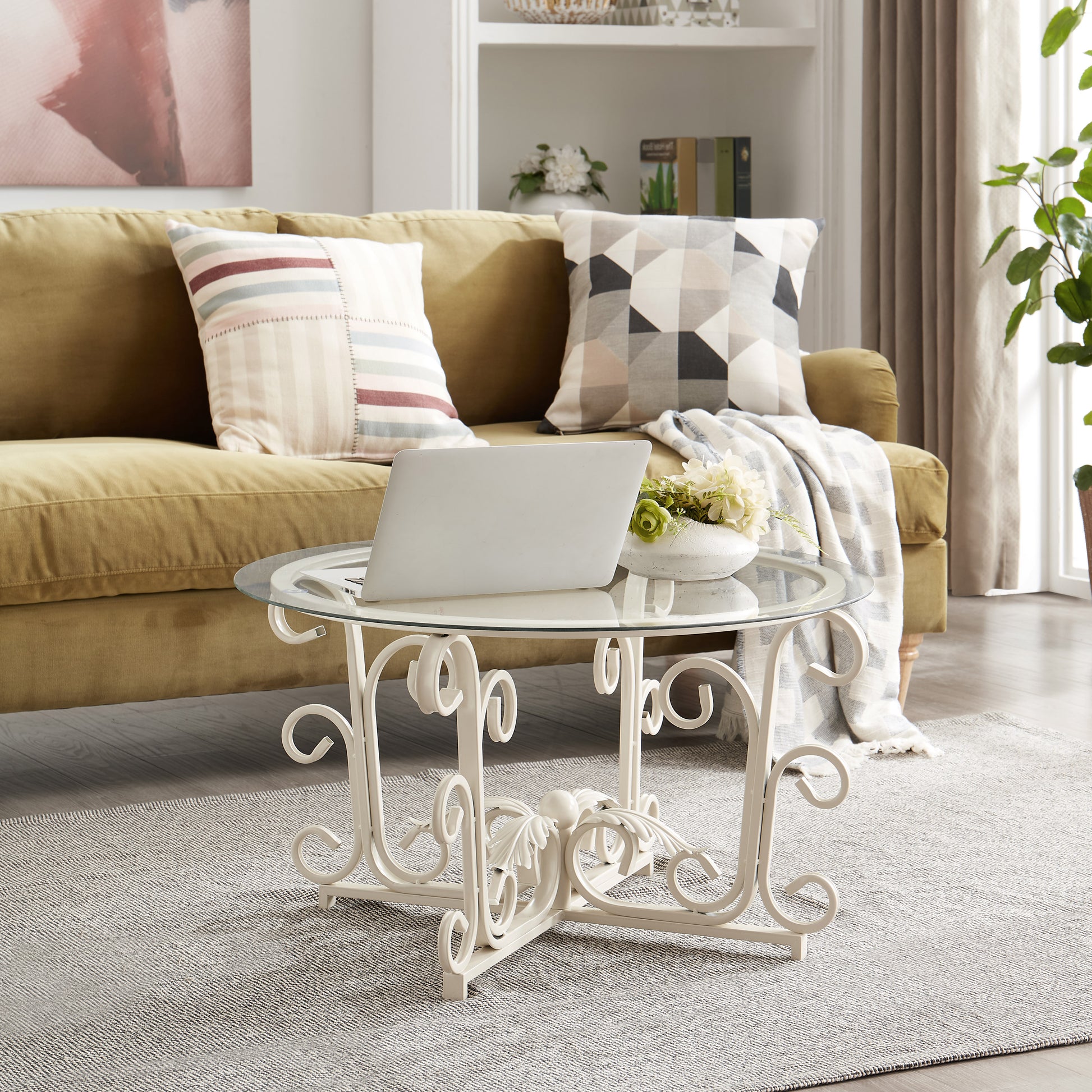 Glass Coffee Table With Sturdy Iron Leaf Shape Base, Leisure Cocktail Table With Tempered Glass Top For Living Room, Dining Room White White Glass Metal