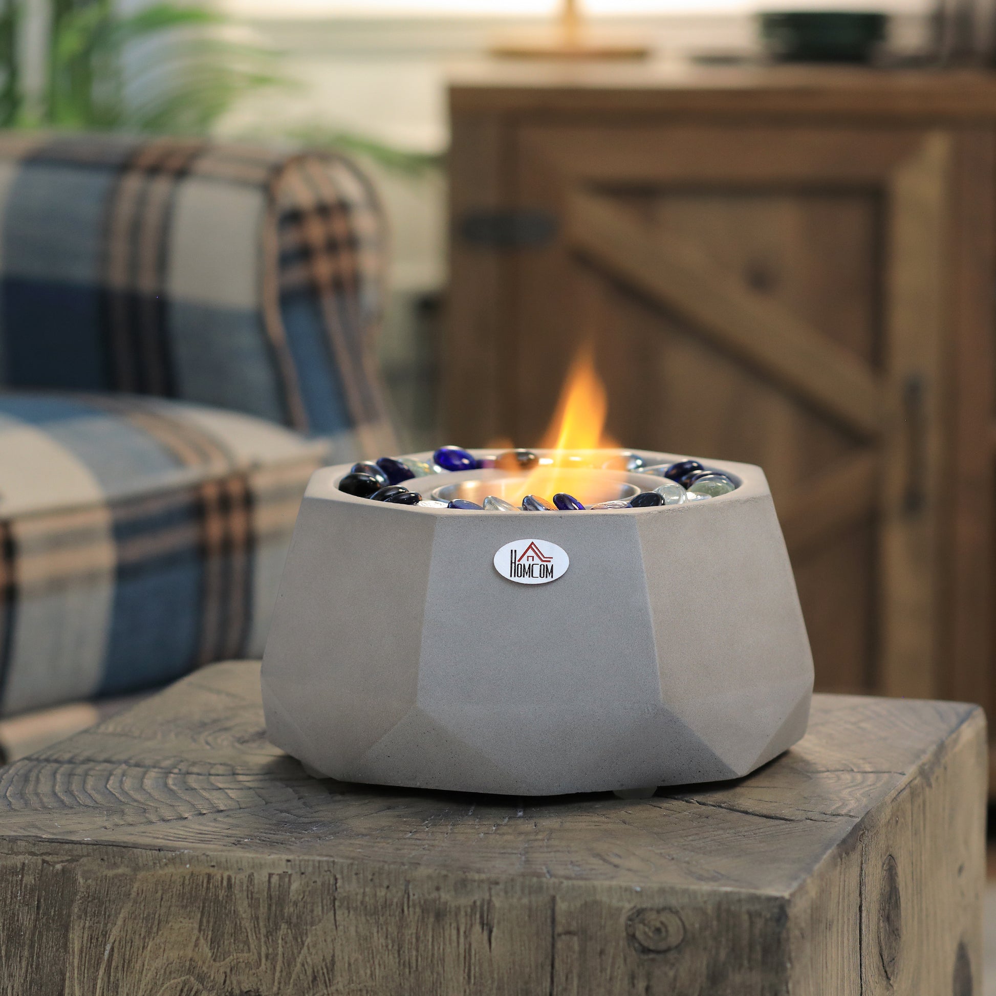 Concrete Tabletop Fireplace, 9" Portable Alcohol Fireplace With Lid For Indoor And Outdoor, 0.1 Gal Max 215 Sq. Ft., Burns Up With Liquid Alcohol And Solid Alcohol, Light Grey Light Grey Concrete