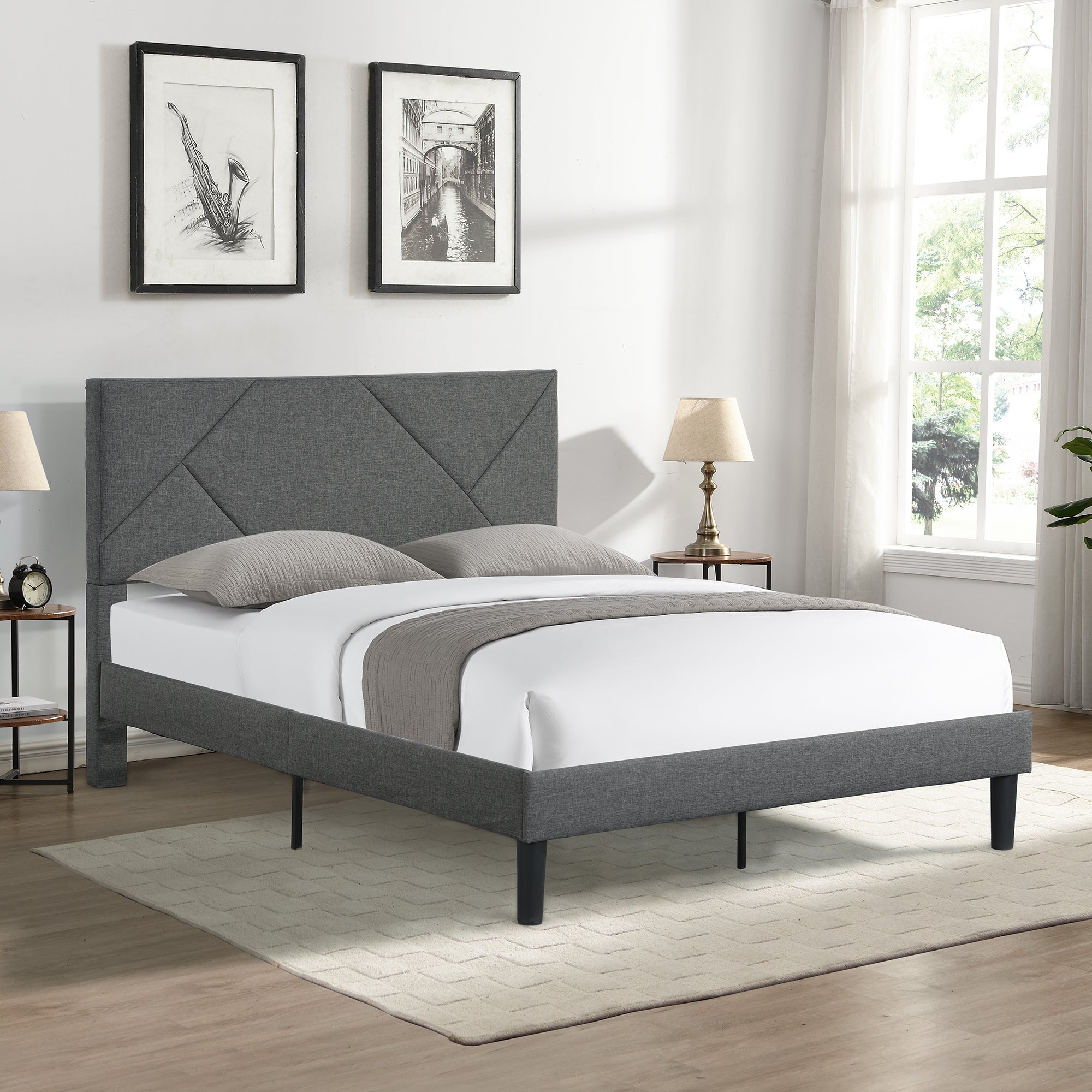 Queen Size Upholstered Platform Bed Frame With Headboard, Strong Wood Slat Support, Mattress Foundation, No Box Spring Needed, Easy Assembly, Gray Gray Fabric
