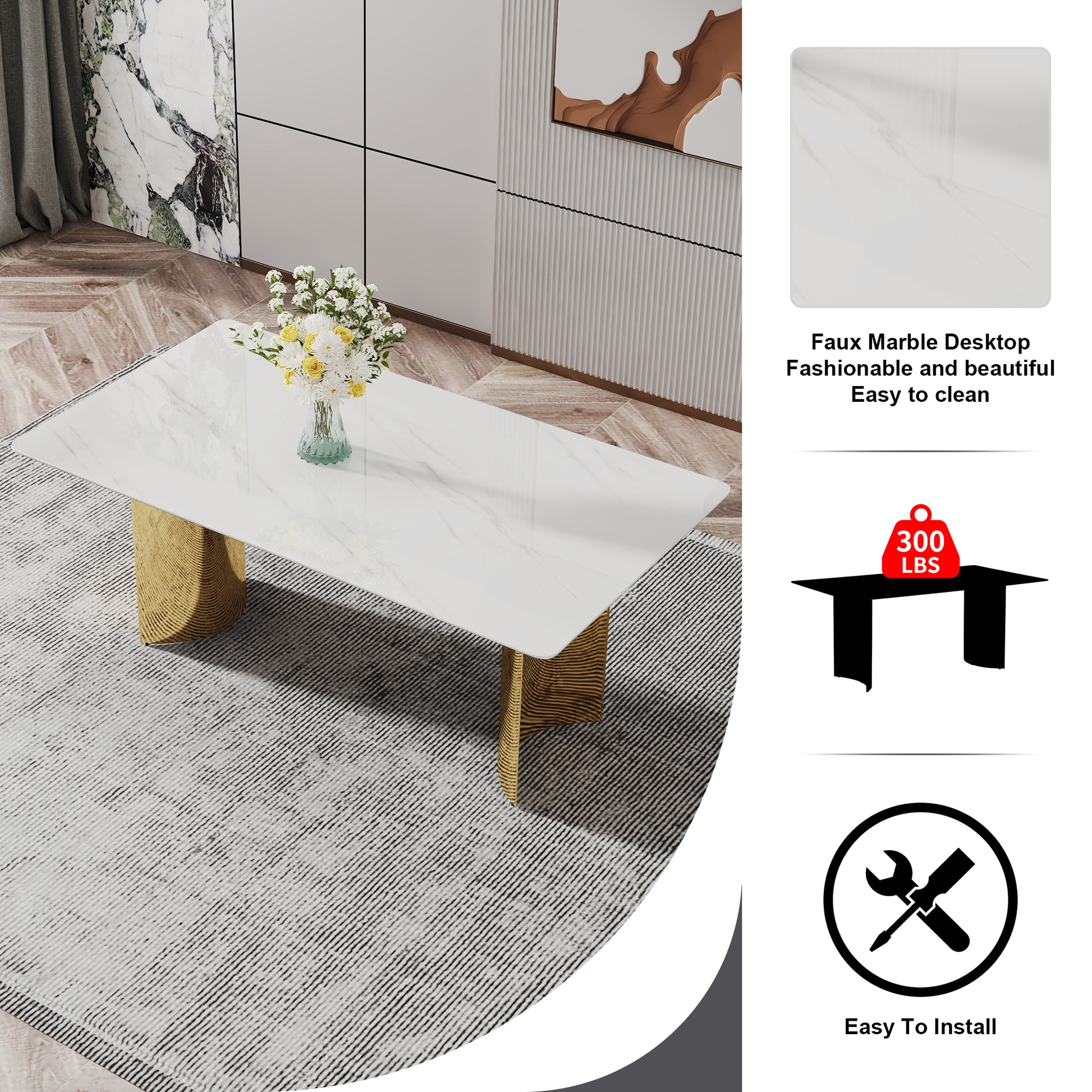 Modern Minimalist Dining Table. The White Imitation Marble Glass Desktop Is Equipped With Golden Metal Legs. Suitable For Restaurants And Living Rooms 71 "* 39.3" * 29.5 "Dt 69 White Glass