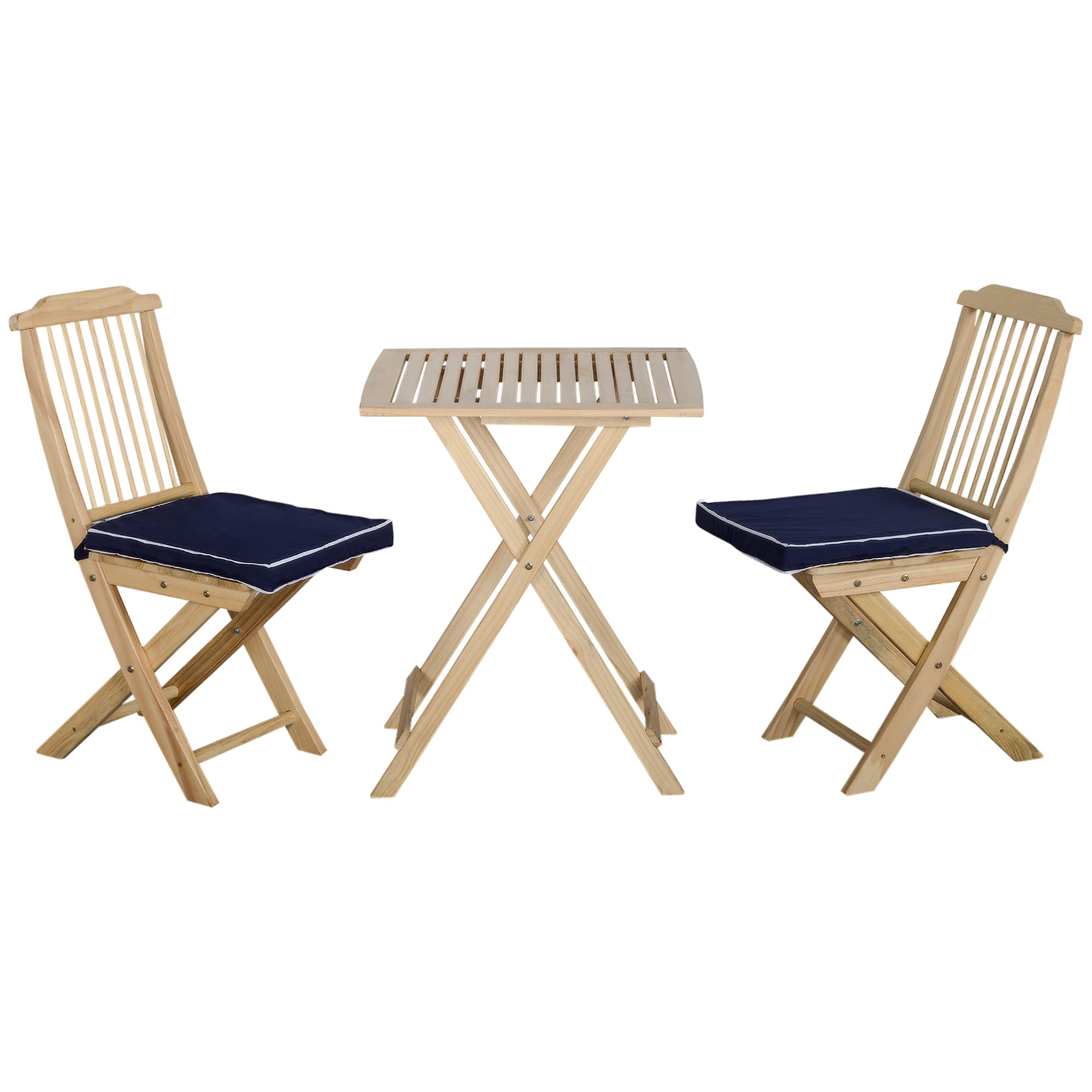 3 Pieces Patio Folding Bistro Set, Outdoor Pine Wood Table And Chairs Set With Tie On Cushion & Square Coffee Table, Great For Indoor, Poolside, Garden, Dark Blue Natural Wood